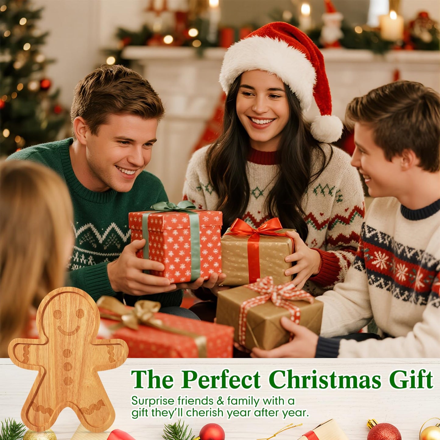 Bokon 12" Gingerbread Christmas Charcuterie Board Wooden Cutting Board Xmas Serving Platter Tray Cookie Plate for Cheese Bread Dessert Fruit, Gift for Christmas Party Holiday Decoration(Rubber Wood)