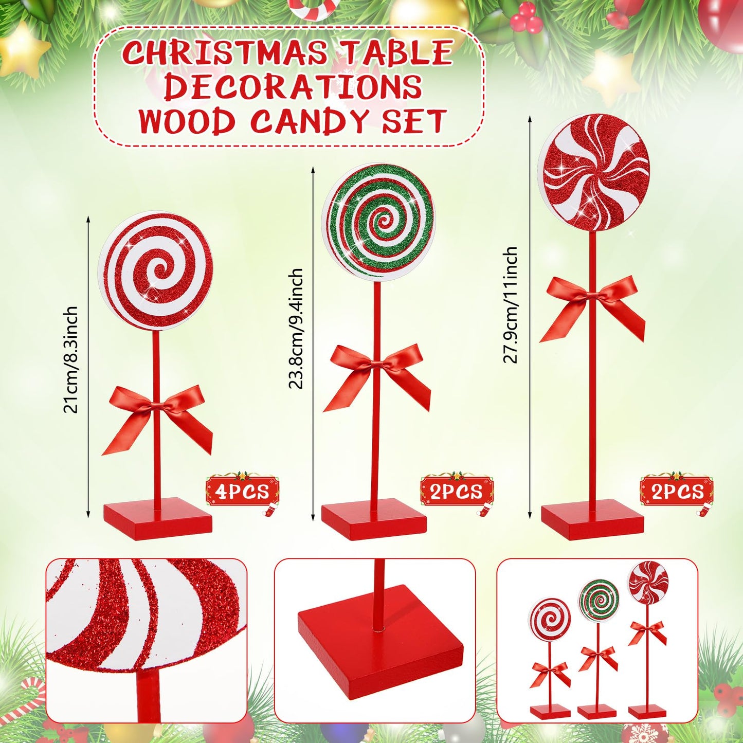 Amyhill 8 Pcs Christmas Candy Wooden Tabletop Decor Glitter Xmas Candy Cane Table Centerpiece Sign for Christmas Tiered Tray Home Desk Office Party Decoration(Cute,Red,Green)