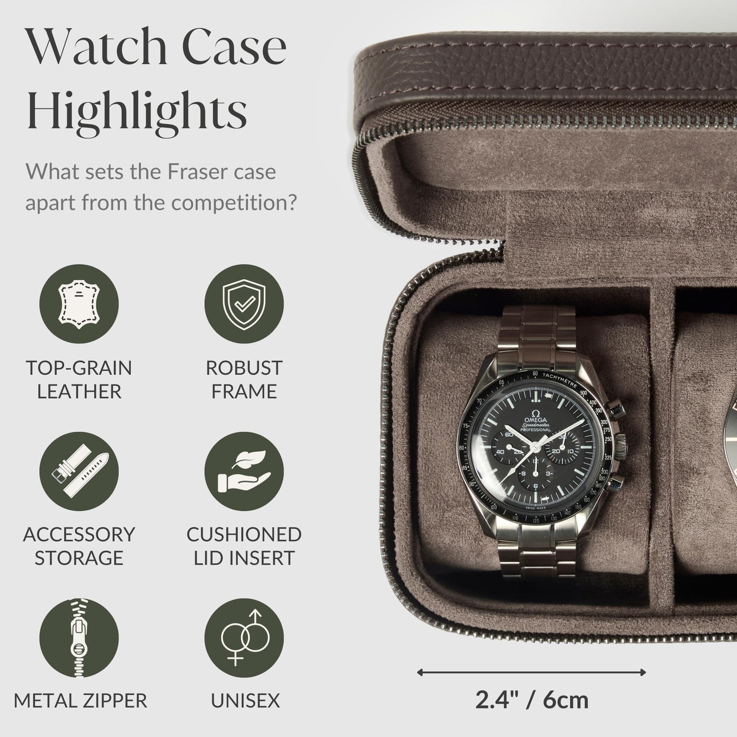 TAWBURY Watch Case - 3 Slot Genuine Top-Grain Leather Watch Travel Case for Men & Women with Metal Zipper and Extra Wide Pillows for Large Watches (Brown)