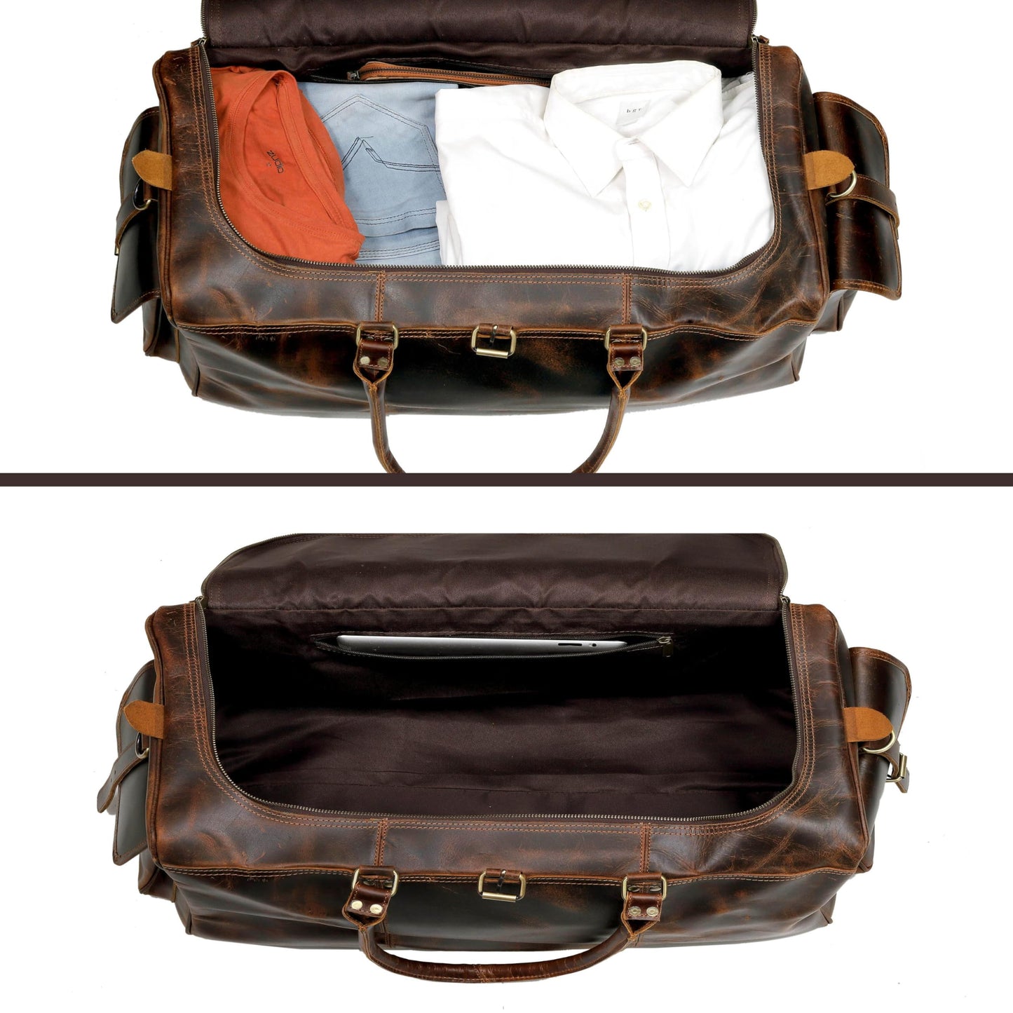 Cuero Full Grain Leather Duffle Bag for Men, Buffalo Overnight Weekend Travel Bag, Carry On with Organized Pockets, YKK Zippers, Adjustable Strap (Choclate Brown)