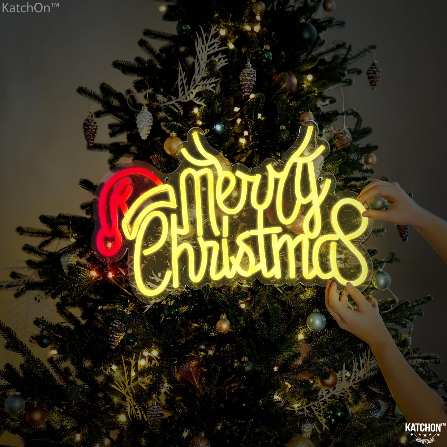 KatchOn, Large Merry Christmas Neon Signs - 16x10 Inch | Window Christmas Decorations Indoor | Xmas Party Decorations, Holiday Decor | Santa Hat Sign USB Powered LED Lights