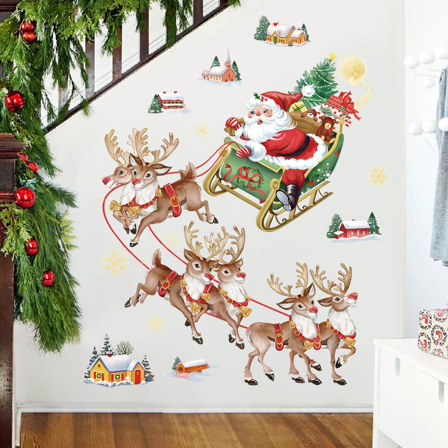 wondever Christmas Wall Stickers Santa Claus and Reindeer Christmas Window Wall Art Decals for Christmas Party Window Xmas Home Party