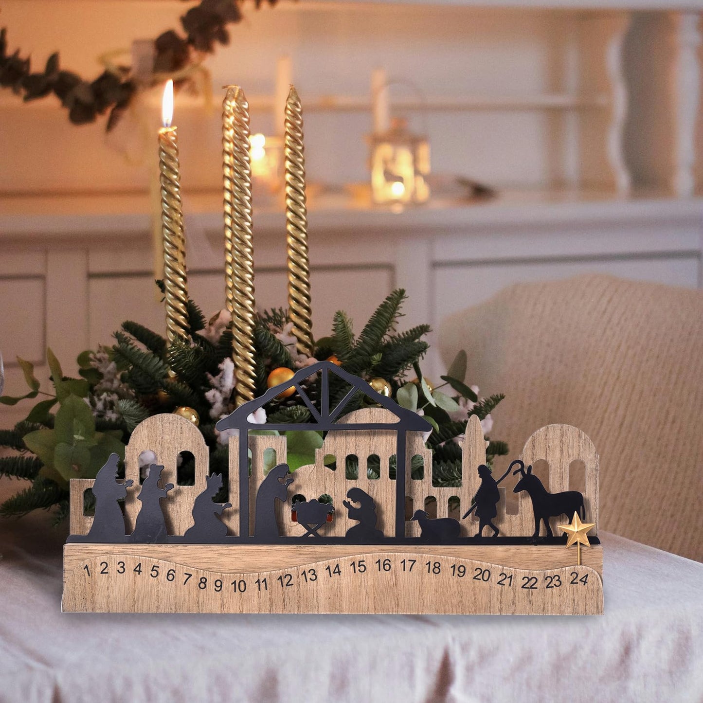 Nativity Sets for Christmas Countdown Calendar, Indoor Rustic Christmas Decor With Wooden Base 3D Design, Xmas Manger Scene for Tabletop Office Shelf Mantel Decoration (Black)