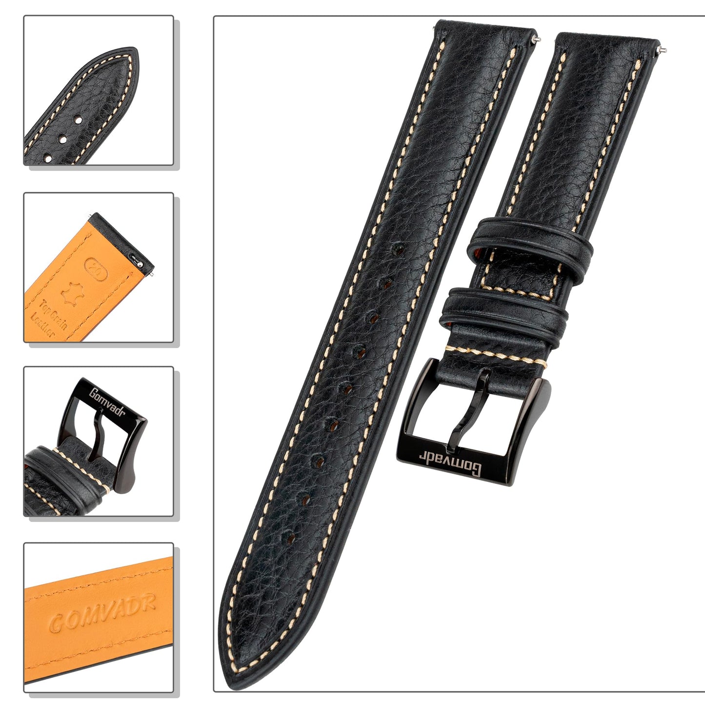 Gomvadr Italian Leather Watch Band Tuscany Natural Vegetable-Tanned Leather Strap,18mm 19mm 20mm 21mm 22mm XL XXL Quick Release Replacement Watch Straps for Men and Women, Thick and Soft(Black / Black Buckle, 18mm-Standard)