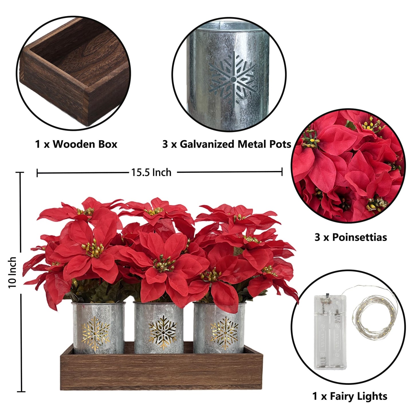 CANCLEAR Artificial Christmas Flower Arrangement, 3pcs Poinsettias in Galvanized Pots with Wood Tray and LED String Lights, Perfect Tabletop Centerpiece for Holiday Decor