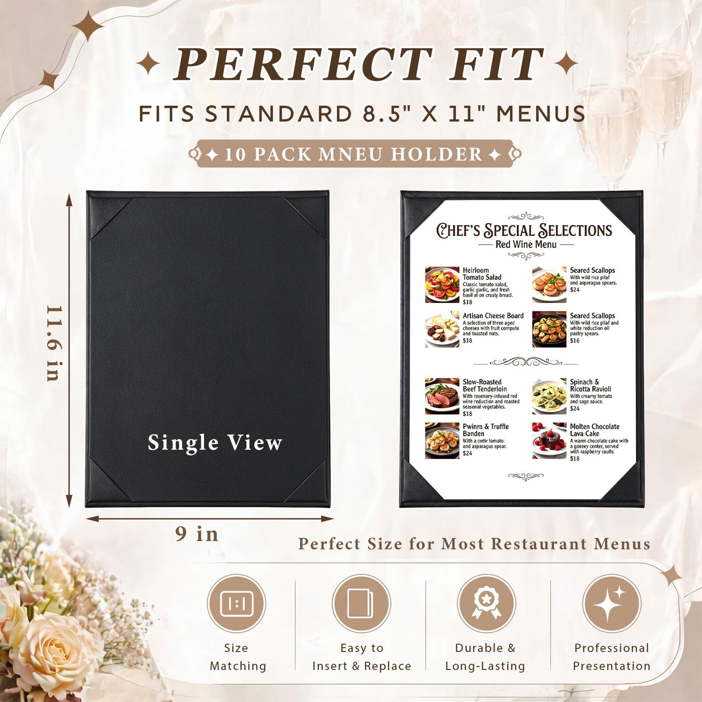 Ferrochef 10 Pack PU Leather Menu Covers, Single View Menu Holder for 8.5 x 11 Inch, Durable & Waterproof, Restaurant, Cafe, Bar Use, Professional Presentation, Black