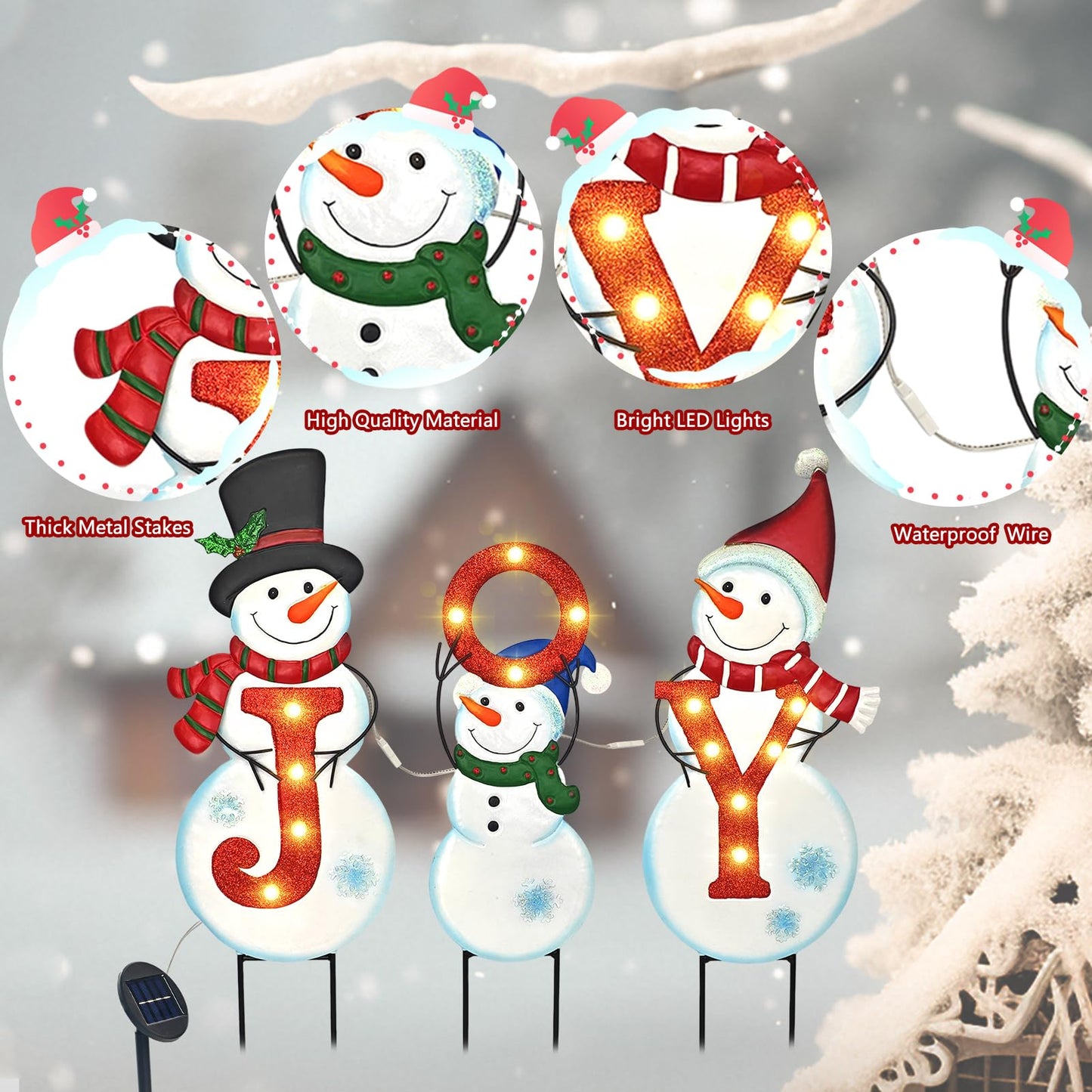 Christmas Outdoor Yard Signs Decorations, LED Solar Metal Garden Stake Lights with Joy for Patio Lawn Christmas Decor (Snowman Family)