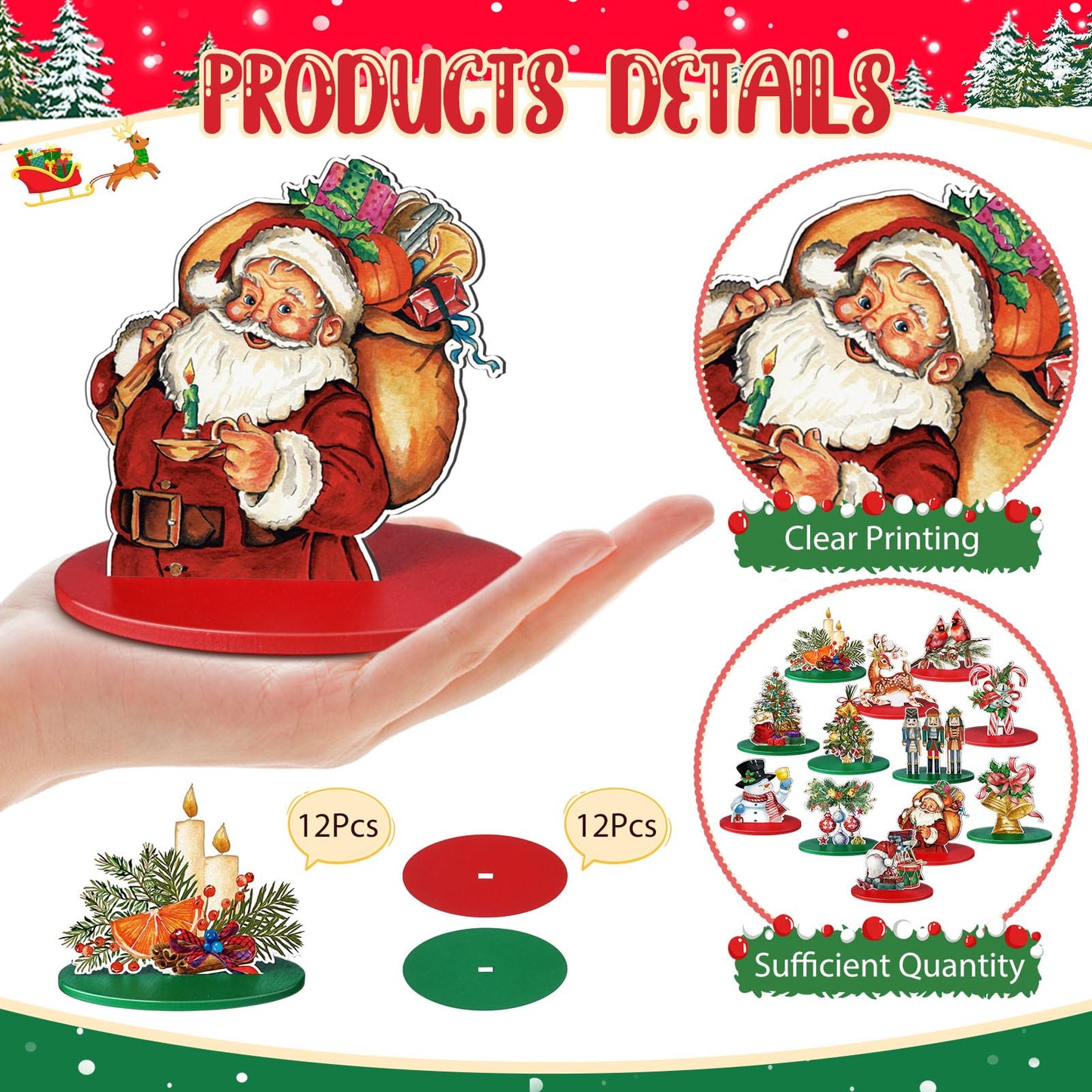 Yousoontic 12 Pcs Christmas Wooden Table Centerpieces Decorations Santa Claus Snowman Pine Tree Elk Nutcracker Wooden Signs Tabletop Centerpieces Home Decor for Xmas Holiday (Wonderful Christmas)