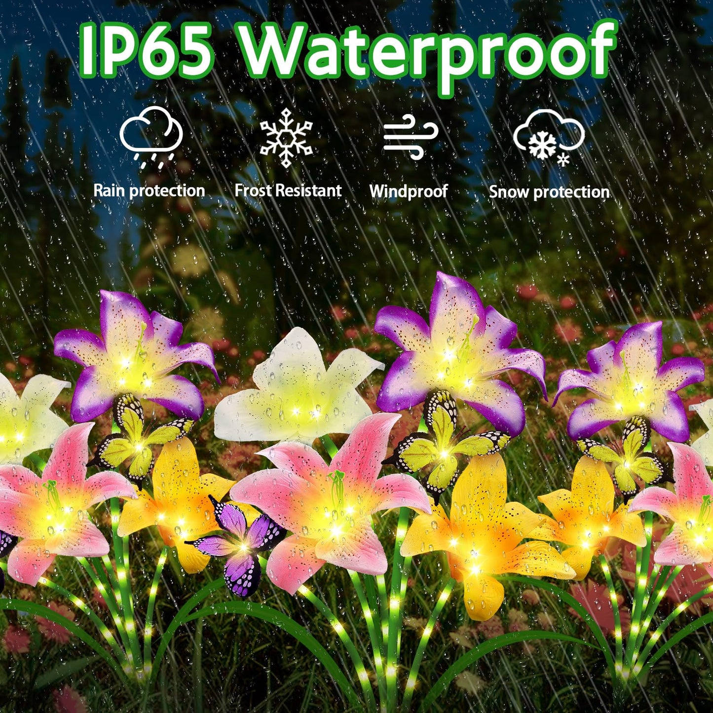 Solar Garden Lights 4 Pack 16 Lily Flowers with Butterfly Decor, Gifts for Mom Woman Mothers Day Birthday Solar Flower Lights for Outside - Decorative Lilies for Yard, Patio, Pathway