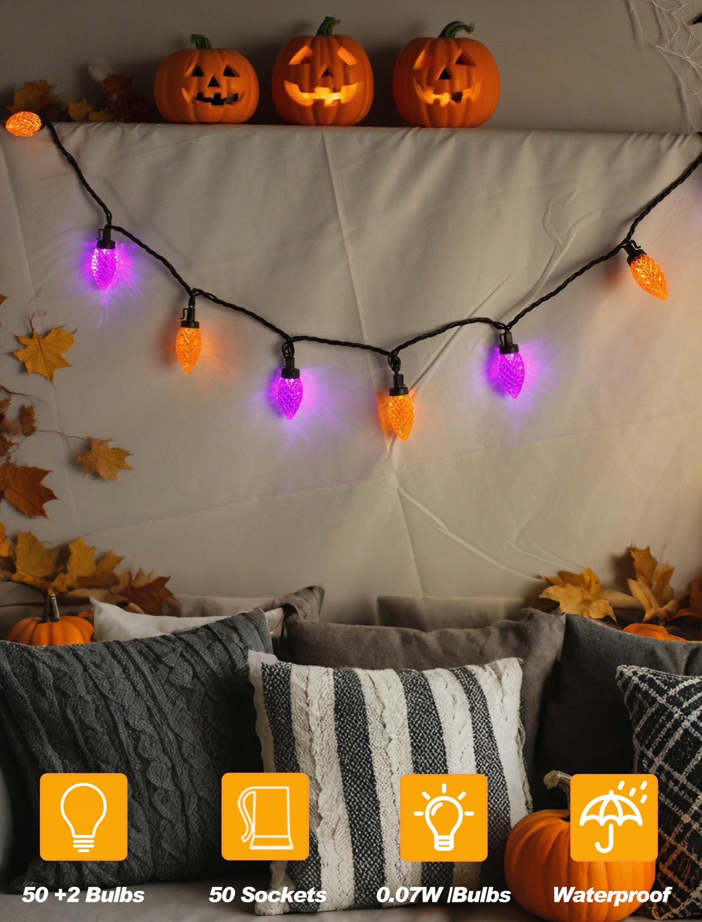 Halloween C9 String Lights Outdoor, 26.4Ft C9 Halloween Decorations Lights with 50 LED Orange and Purple Lights Waterproof, Hanging Plug in Lights String for Outside Holiday Party Patio Yard Decor