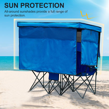 WTVIDAS Double Beach Chair with Canopy Shade Heavy Duty Camping Chairs with Cup Holder Folding Loveseat for Outside Lawn