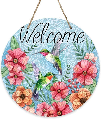 Deroro Welcome Spring Hummingbird Birds Sign for Front Door Decor, Floral Flowers Wood Door Hanger for Outdoor Outside Porch, Seasonal Summer Farmhouse Wooden Wreath Indoor Wall Hanging Decoration