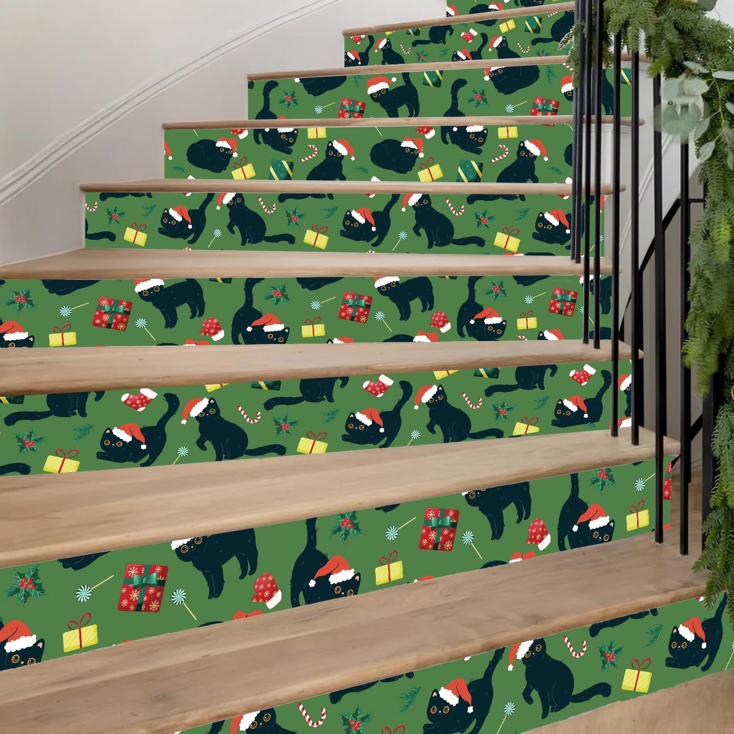 IARTTOP Christmas Cat Wallpaper Peel and Stick Christmas Party Contact Paper for Cabinets Black Cats Santa Hats Wallpaper Candy Cane Green Xmas Backdrop for Holiday Bedroom Cat Lovers(17.3"X118.1")