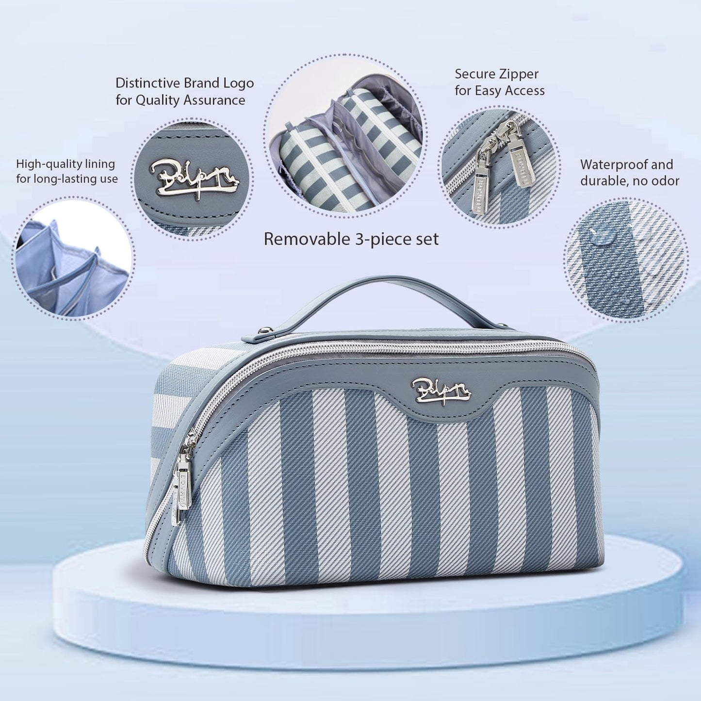 BOYATU Travel Makeup Bag Cosmetic Bag for Women: 3 Pcs Set Striped Make up Bag with Compartments - Waterproof Vegan Leather Toiletry Bags with Handle - Makeup Organizer for Travel Essentials(A-1-Blue)