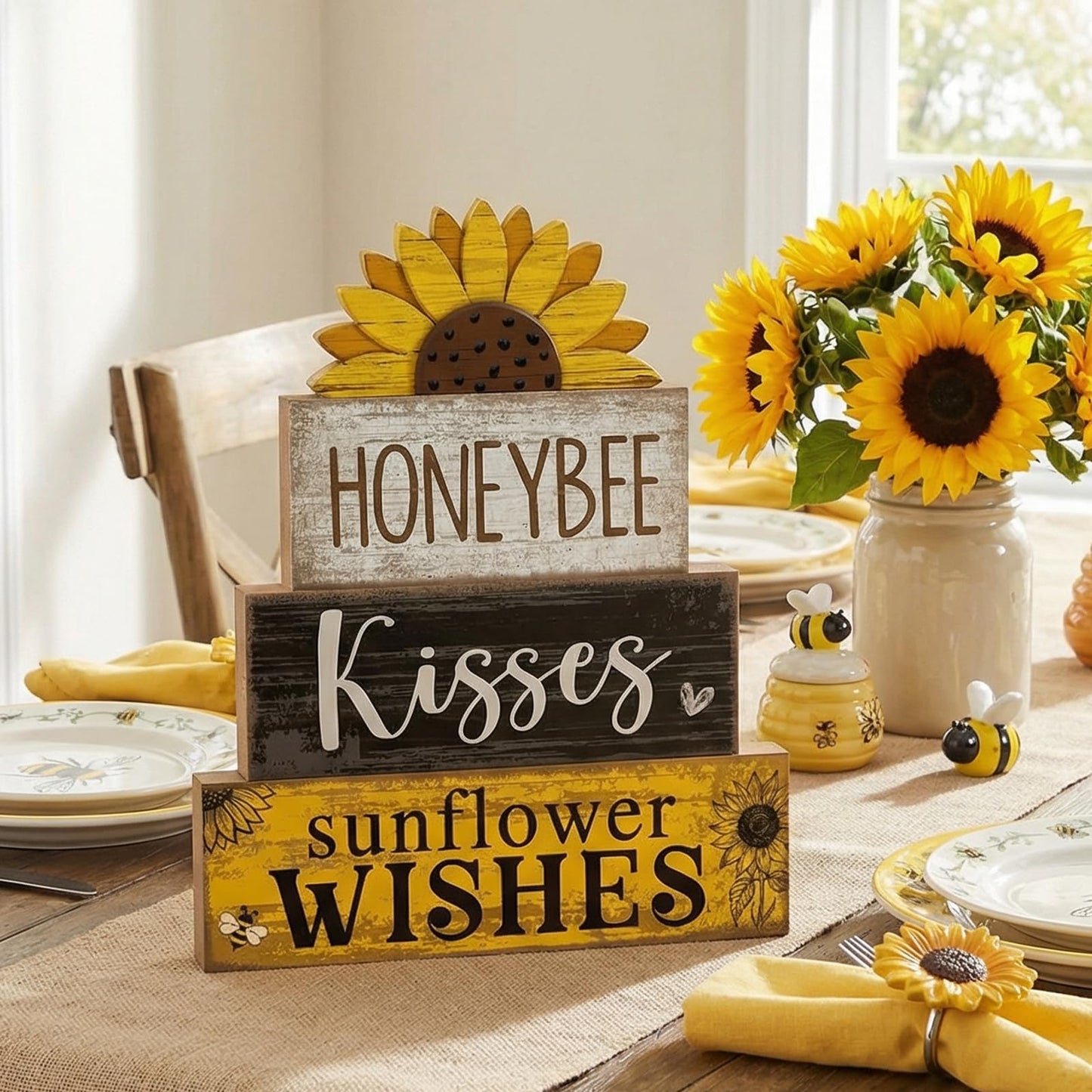 Lineshading 4 Pcs Summer Table Decor Wooden Sunflower Tiered Tray Decor Rustic Farmhouse Yellow Block Signs Gifts Summer Tabletop Centerpieces for Home Kitchen Coffee Bar Decorations