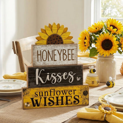 Lineshading 4 Pcs Summer Table Decor Wooden Sunflower Tiered Tray Decor Rustic Farmhouse Yellow Block Signs Gifts Summer Tabletop Centerpieces for Home Kitchen Coffee Bar Decorations