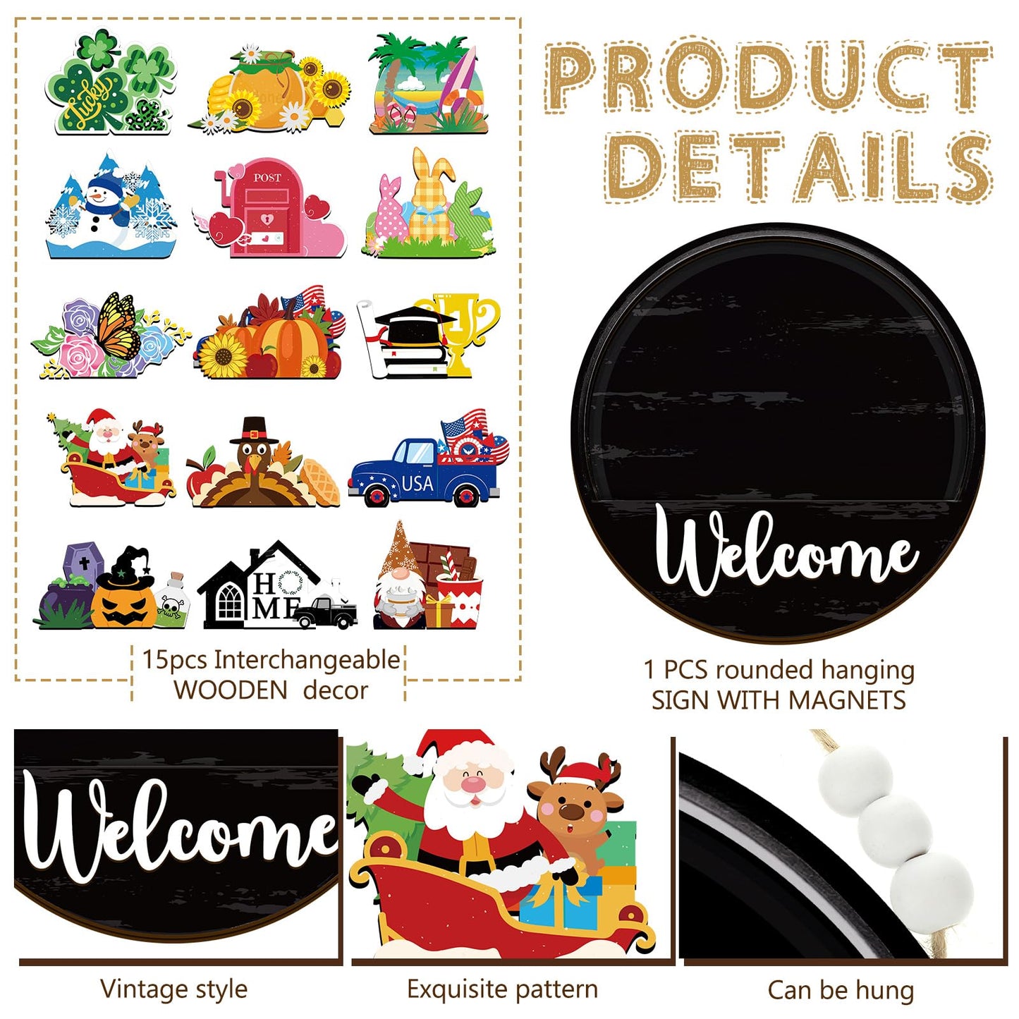 Sintuff 16 Pcs 12 Inch Interchangeable Welcome Sign for Front Door Wood Seasonal Magnetic Icon Holiday Wreath Decor Rustic Hanging Sign for Patriotic Summer Home Warming Gift(White Word, Black Back)