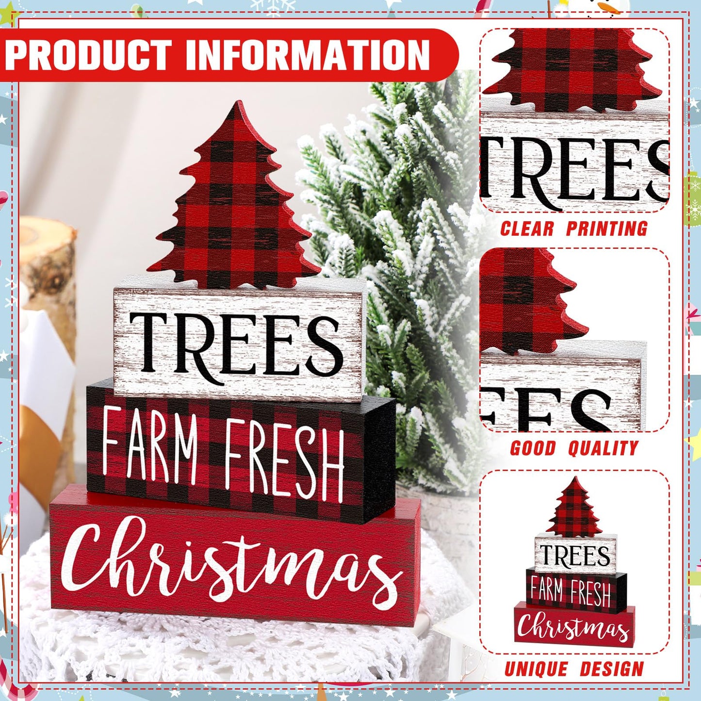 Marsui 4 Pcs Christmas Wooden Tabletop Decor Neutral Christmas Decor Rustic xmas Tree Block Sign Buffalo Plaid Table Centerpiece for Home Office Desk Tiered Tray Farmhouse Decorations