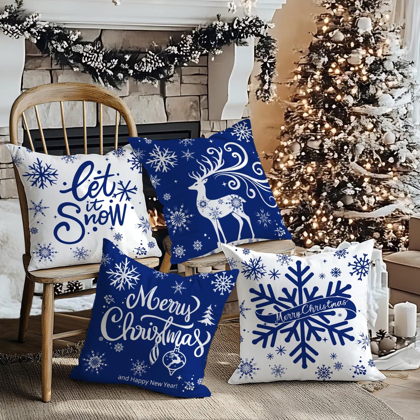Artmag Merry Christmas Throw Pillow Covers 16x16 inch Snowflakes Let it Snow Moose Winter Holiday Blue Cushion Case for Coach Sofa Decorations Set of 4
