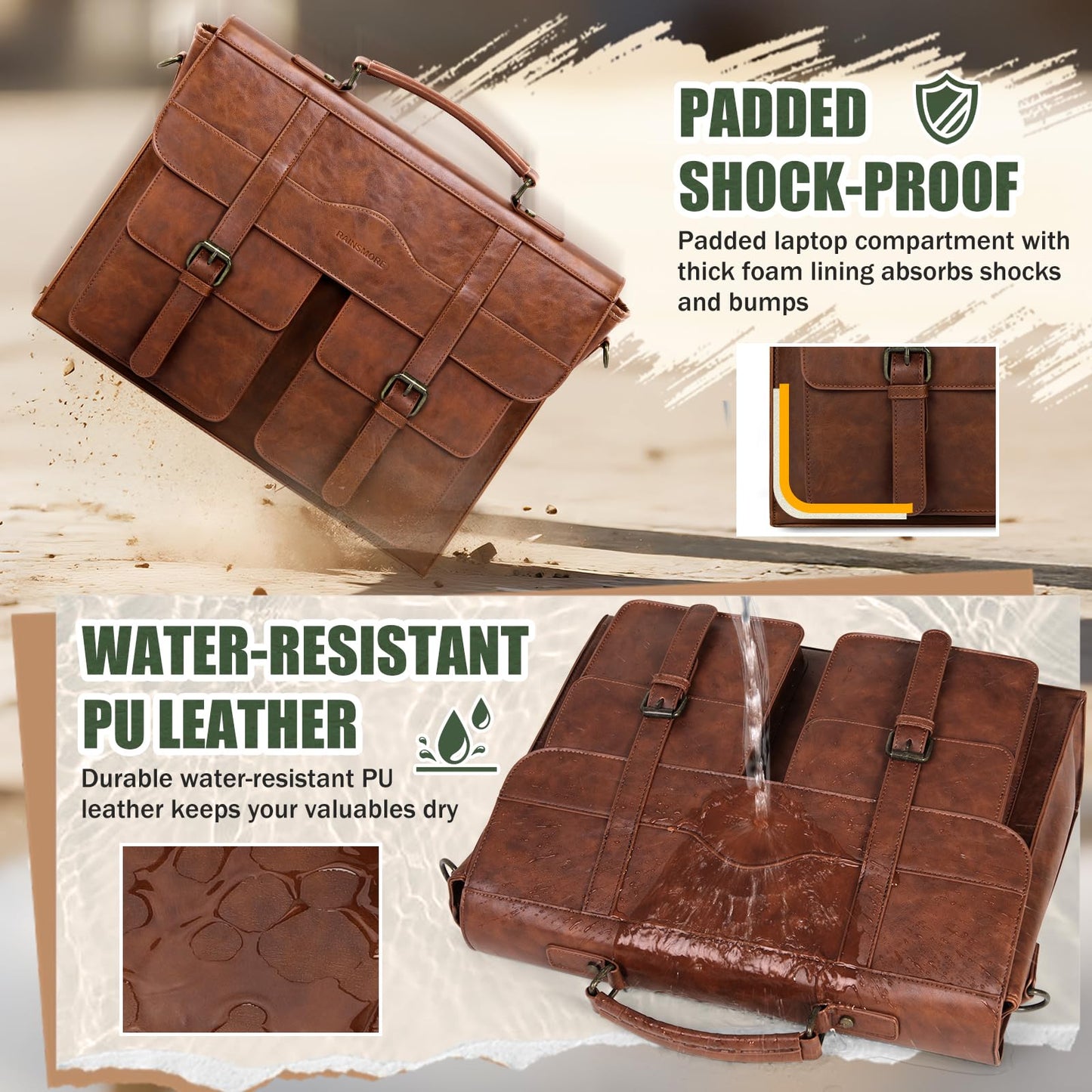 RAINSMORE Mens Messenger Bag 17 Inch Vintage Leather Laptop Briefcase Magnetic Closure Large Satchel Computer Shoulder Bag for Office Travel College, Brown
