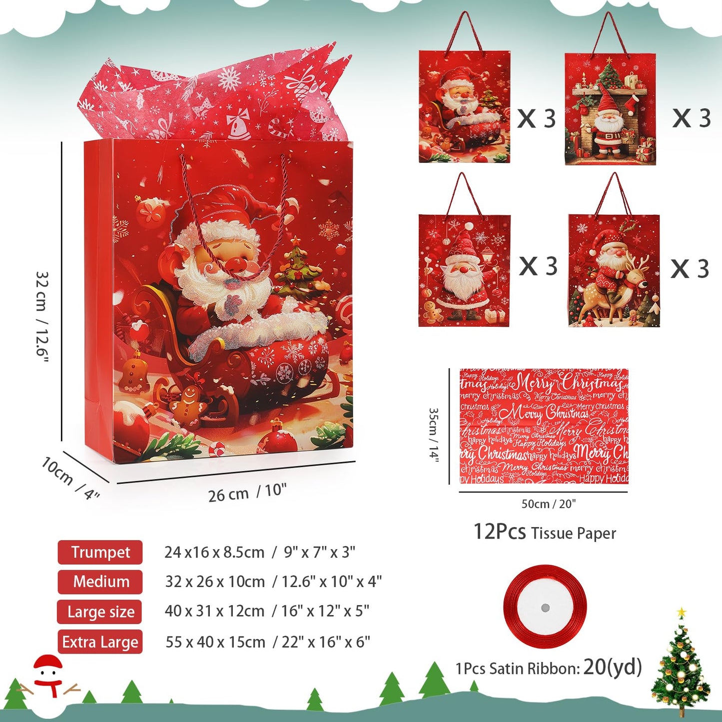 Rusikia 12 Christmas Gift Bags with 12 Tissues and 1 Satin Ribbon - Medium