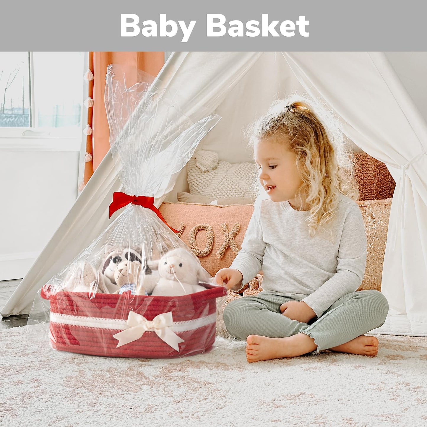 CHICVITA Small Storage Basket for Gifts, Gift Baskets Empty, Baby Basket for Toys, Towels, Decorative Woven Rope Baskets for Living Room, Red, 13"x 10"x 5"
