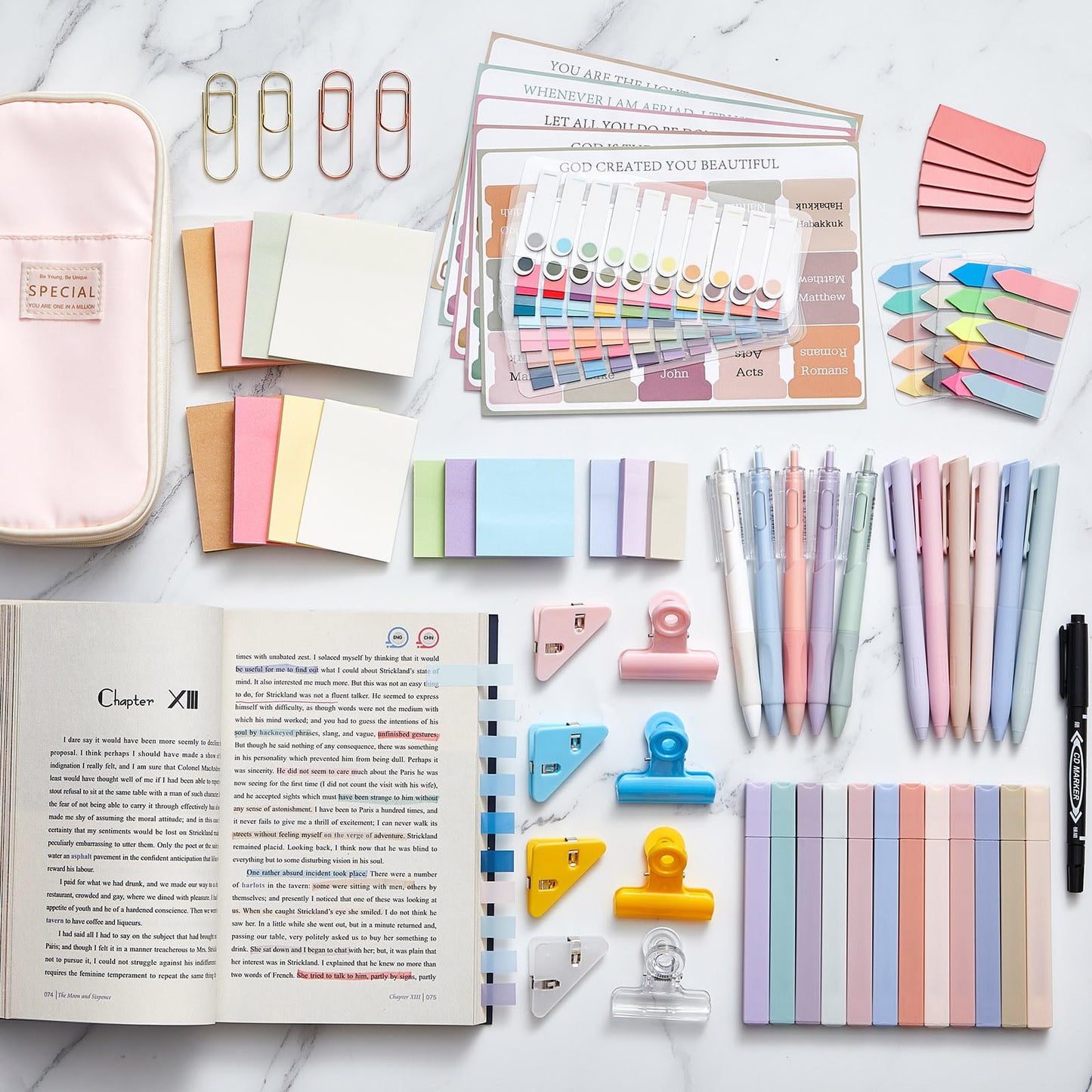 Chiisong 73 Pcs Aesthetic Bible Journaling Study Supplies Book Annotation Kit Pencil Case 12 Highlighters 14 Sticky Notes 5 Gel Pens 6 Press Pens 12 Labels for Christmas Bible School Gift(Pink)