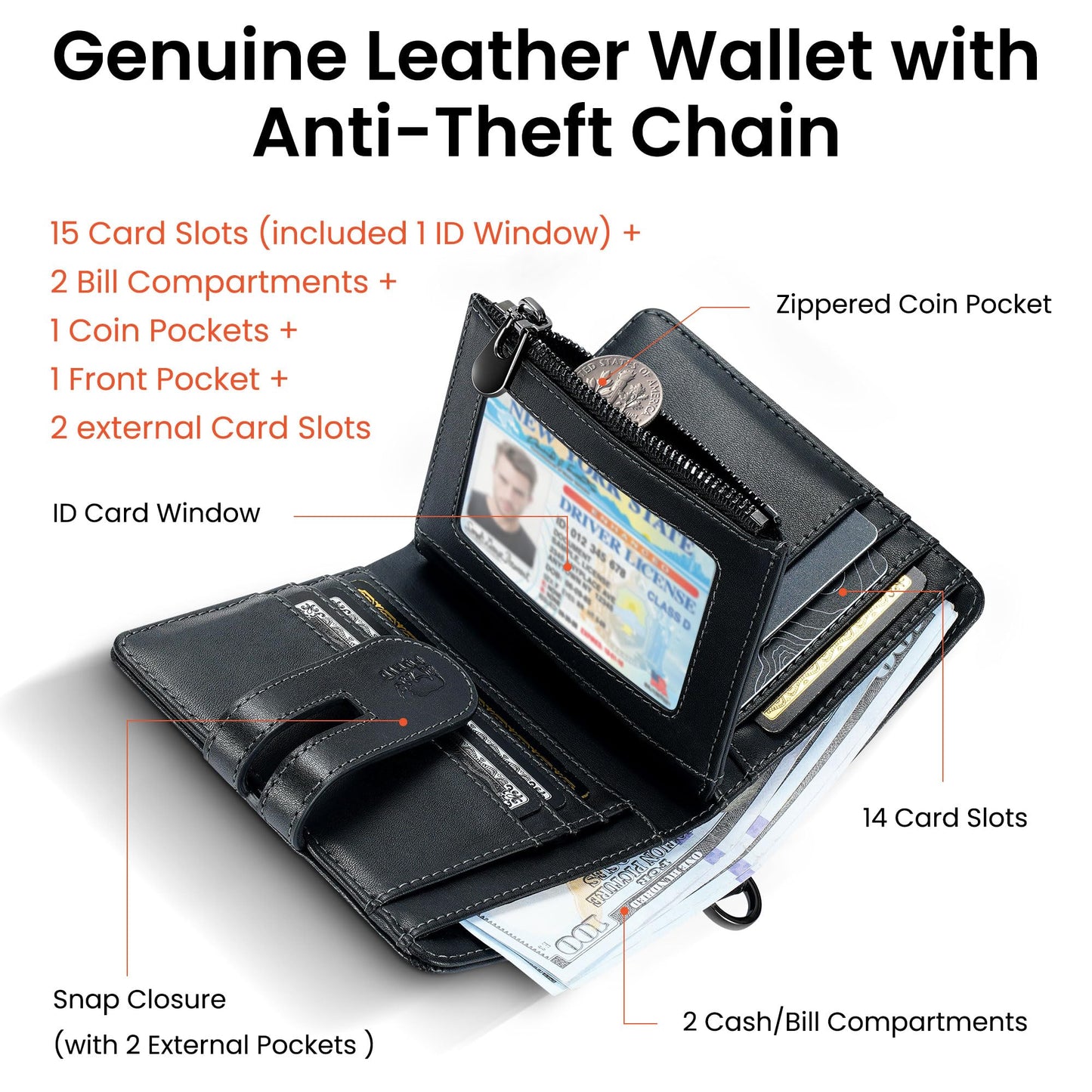 furid Genuine Leather Chain Wallet: Bifold Zipper Coin Pocket with Anti-Theft Chain - RFID Blocking Biker Wallet for Men - Gift for Father Husband Motorcycle Outdoor Use
