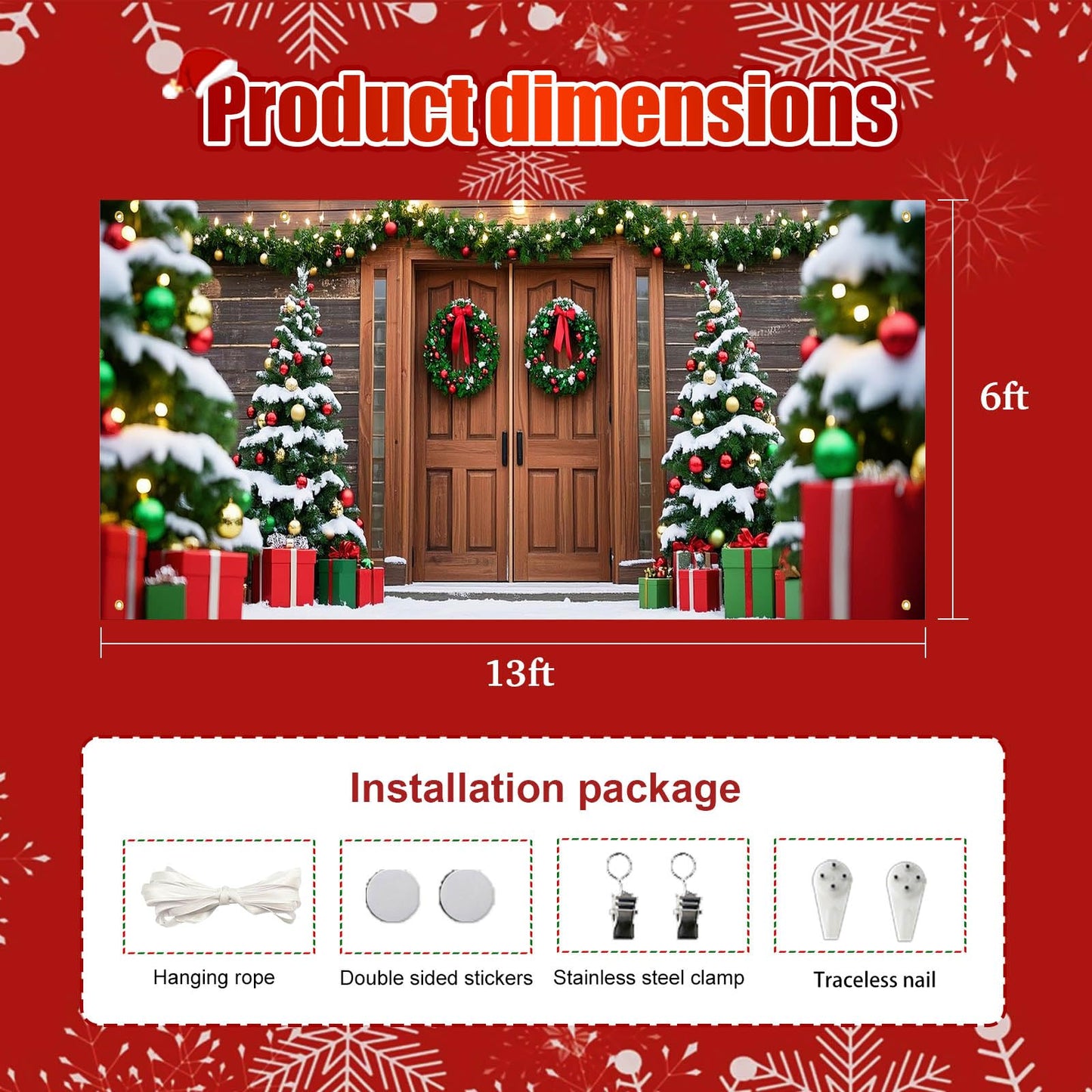 HOMETITUTE Christmas Garage Entryway Banner 13x6ft Rustic Wood Entryway Scene with Festive TreesGift Boxes Snowflakes Lights Outdoor Holiday Yard Display Backdrop Photo Background