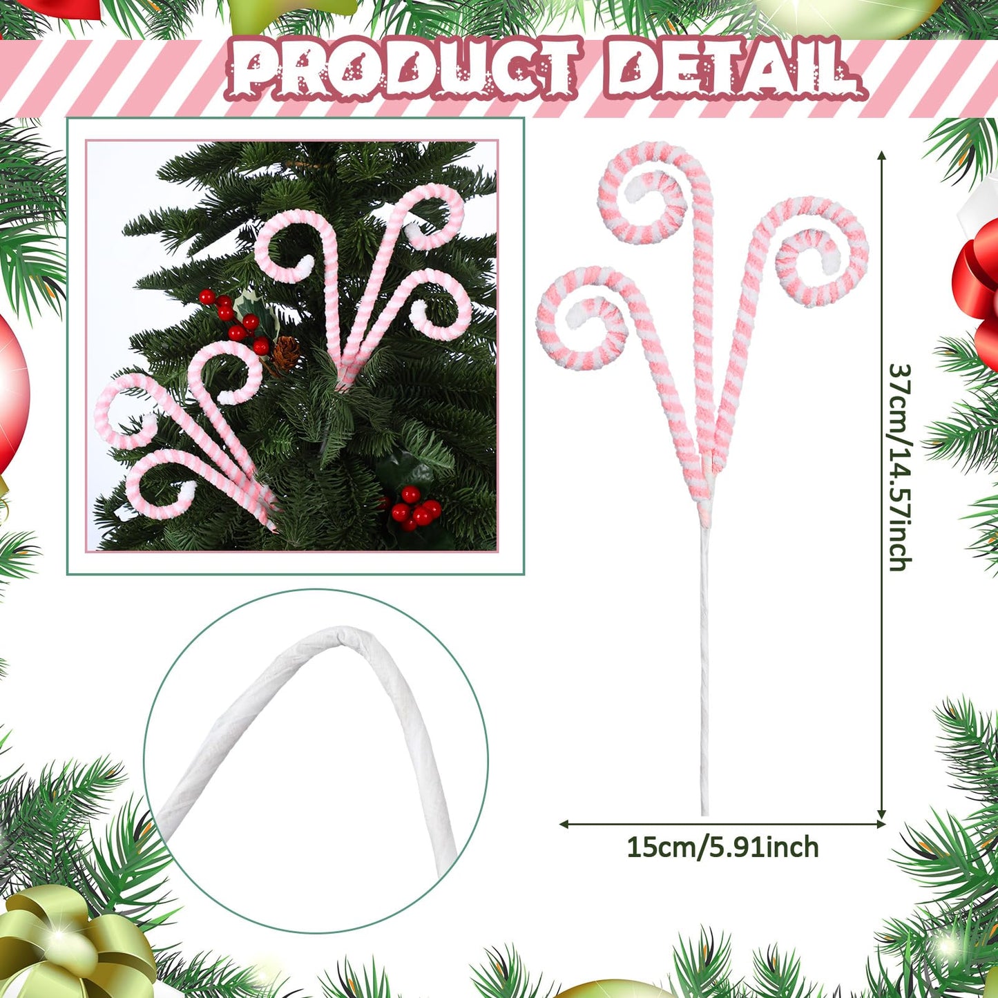 Wettarn 12 Pcs Christmas Tree Decorations Picks White Pink Woolen Candy Curly Picks for Christmas Tree Topper Ornaments with Fixed Wire Felt Striped Xmas Decoration DIY Craft for Party Decorations
