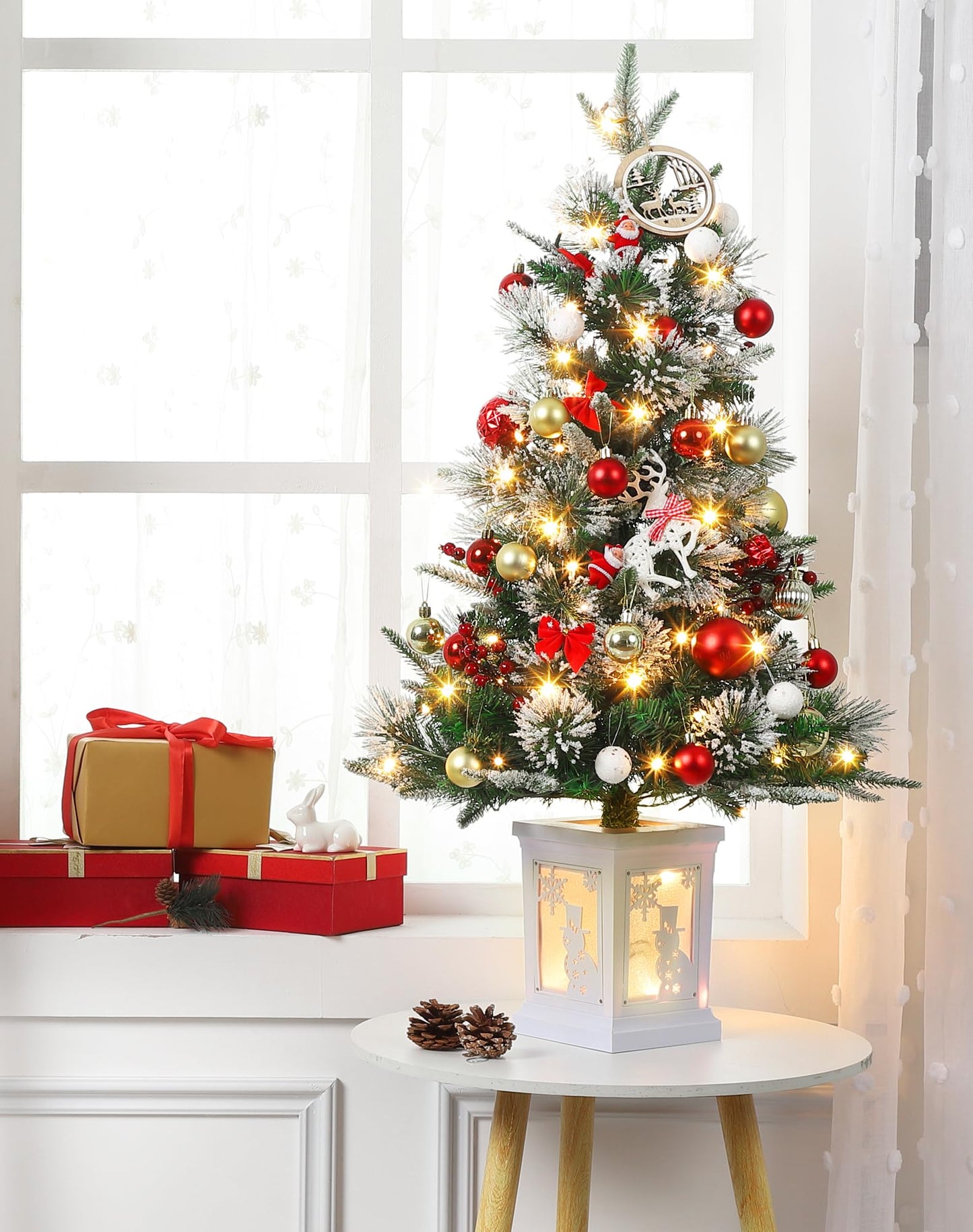 3FT Prelit Premium Snowman Artificial Snow Flocked Christmas Tree with Warm White LED,Prelit Pine Mini Tree for Christmas Decoration,Yard,Home,Office,Outdoor,Indoor,8 Mode Snowman White Base- 2PCS