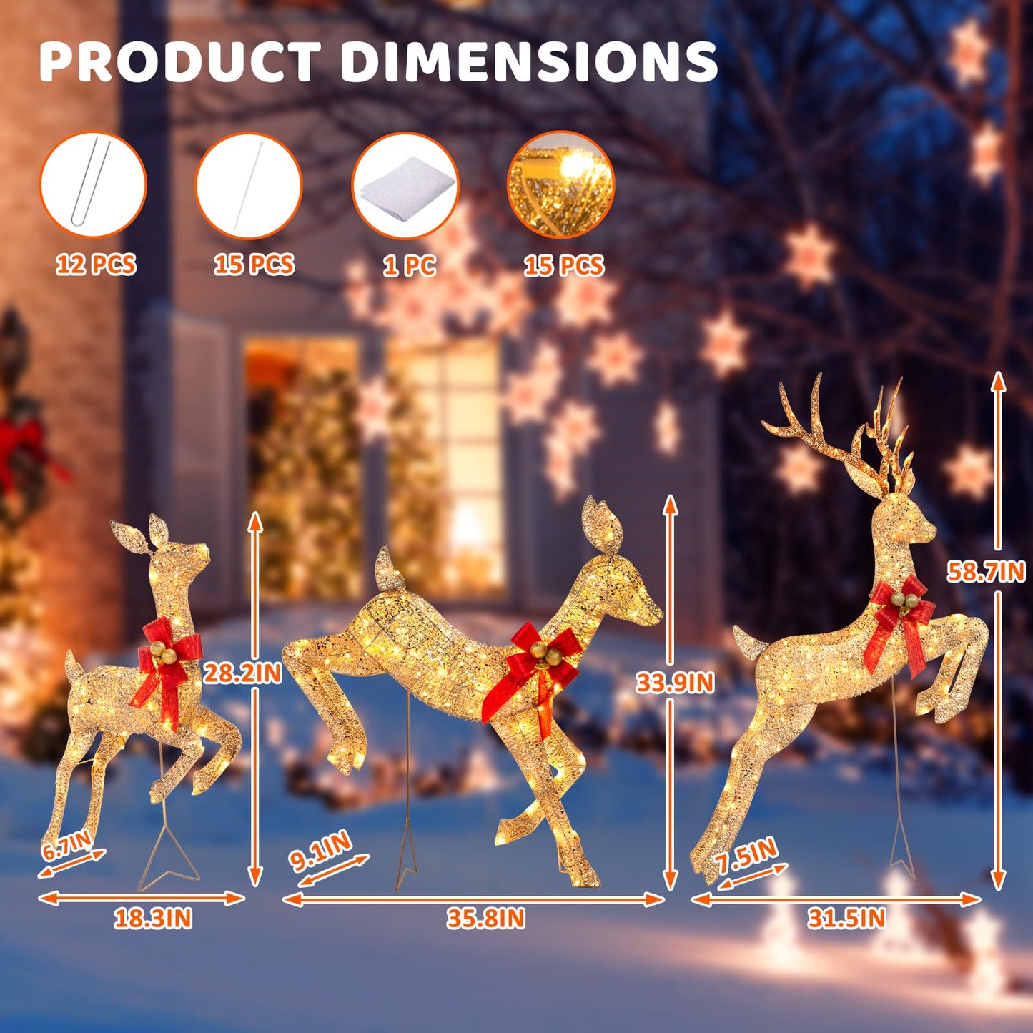 LOENIY 3-Piece Lighted Reindeer Christmas Decoration with 210 Warm White LED Lights, 5FT 3D Glittered Christmas Deer Family Set Outdoor Decorations, Plug in Deer Decor for Lawn Yard Patio Garden