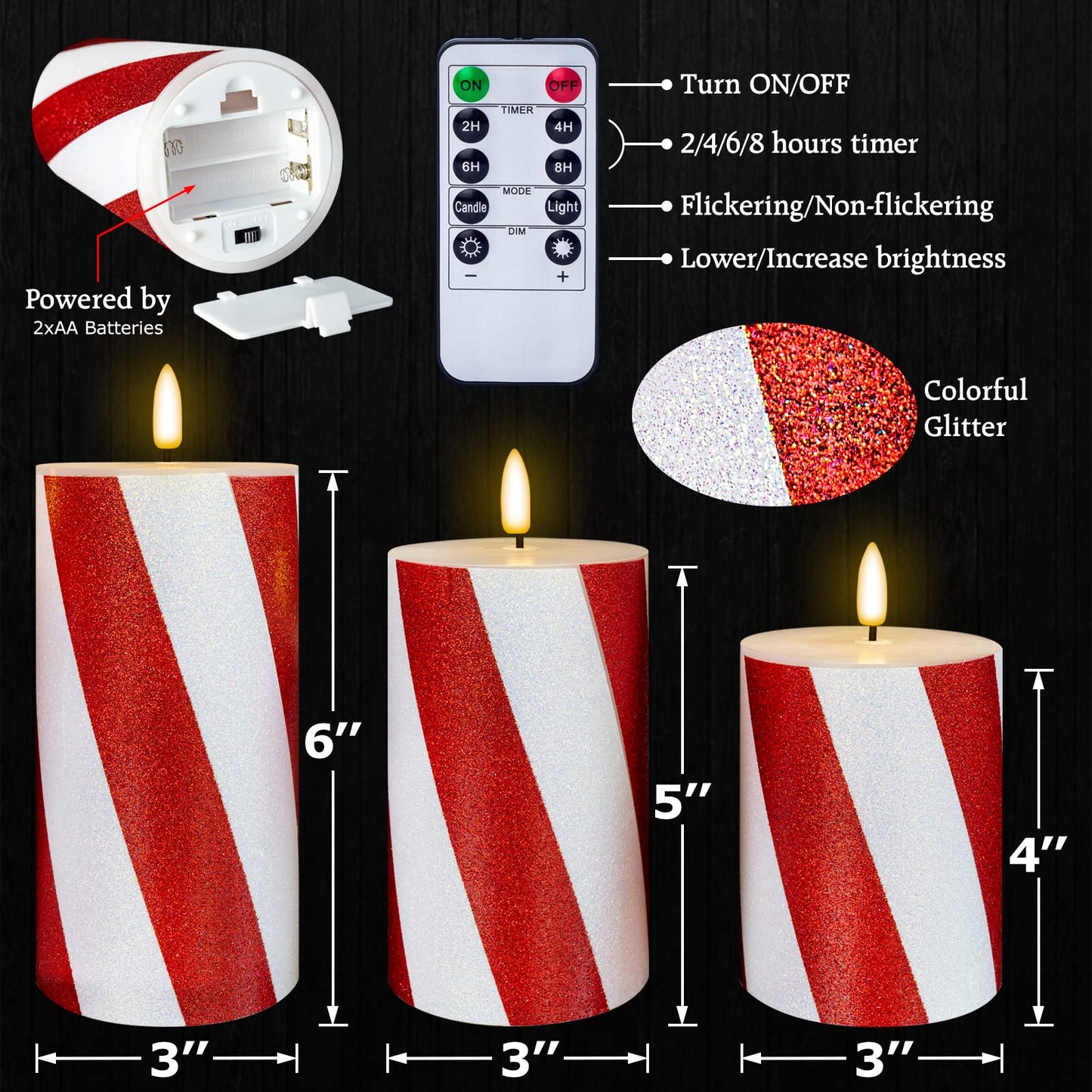 HN HAIINAA Christmas Flameless Candles Real Wax Red Battery Operated Pillar Candles with Remote Flickering Flame 3D Wick LED Electric Candles for Christmas Home Decoration D3 x H4 5" 6" Set of 3