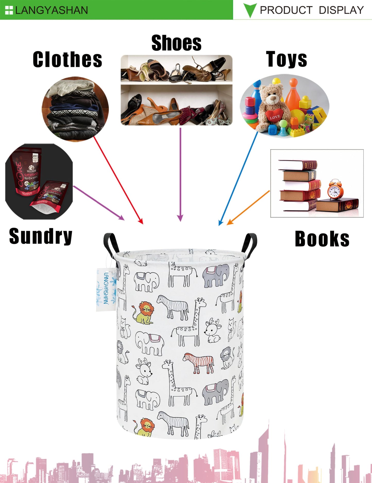 LANGYASHAN Laundry Hamper Collapsible Kids Storage Basket Waterproof Fabric Toy Clothes Organizer Bin for Children Bedroom Bathroom (Animals)