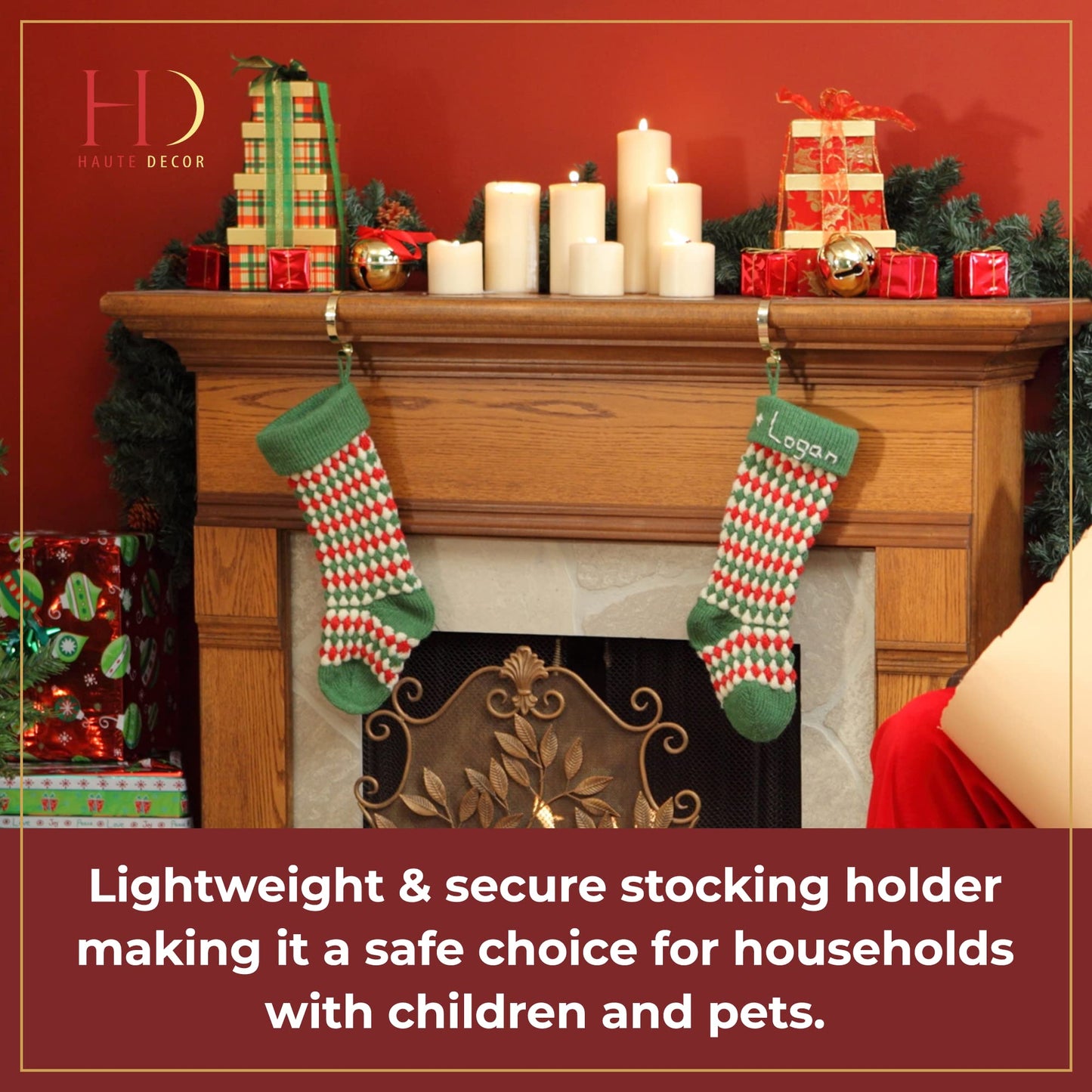 Haute Decor The Original MantleClip® Stocking Holder 4 Pack - Hang Christmas Stockings Safely and Securely from Mantels Up to 3 Inches Thick