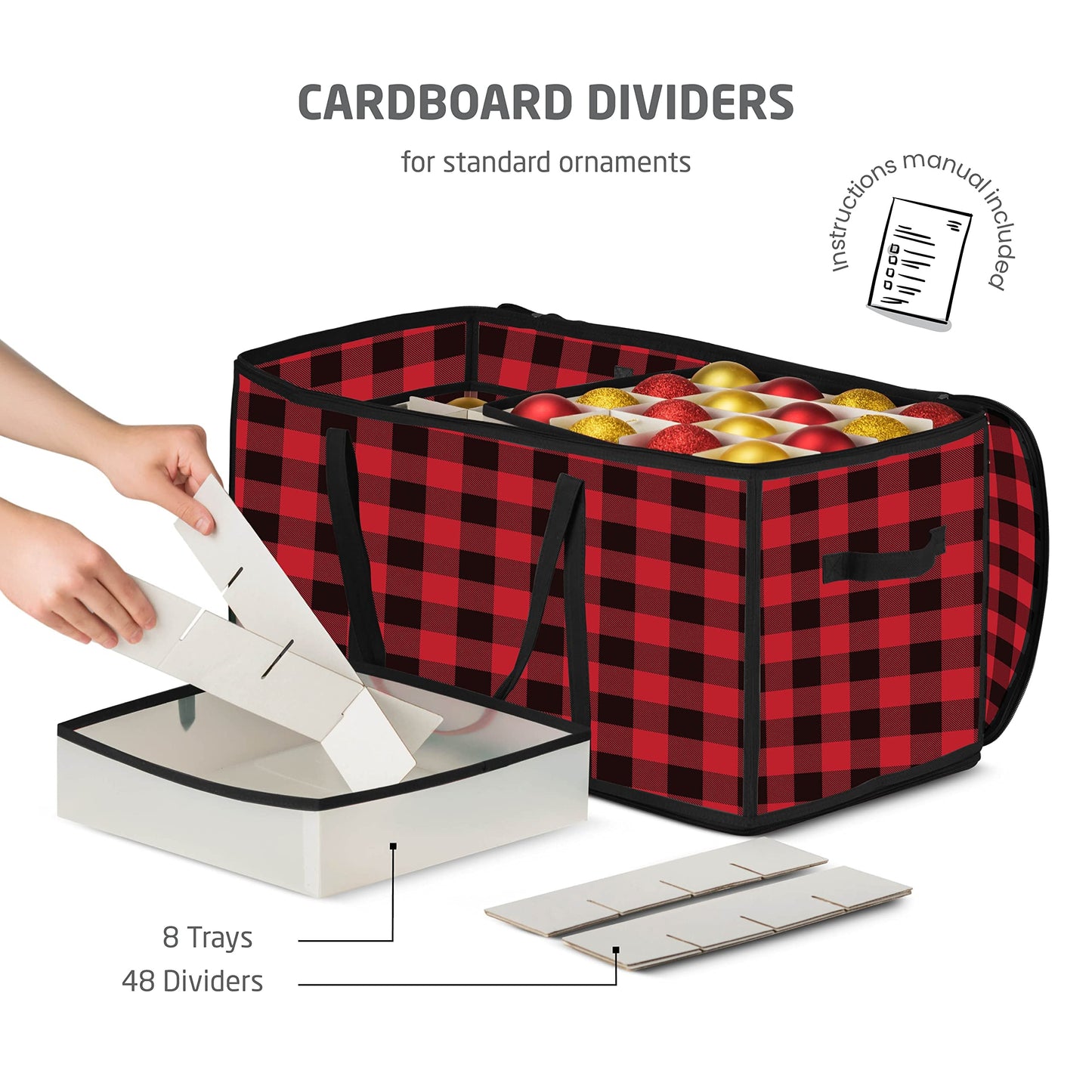 ZOBER Christmas Ornament Storage Box Plastic - Stores 128 3" Ornaments with Individual Trays - Ornament Organizer Storage Box, Durable Christmas Containers Holder - Plaid