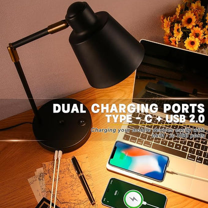 LED Desk Lamp with Dual USB Charging Ports, 100% Metal, 270° Swivel Arms, Soft White Light (3000K), Bedside Reading Lamp, Home Office Lamp (Black)