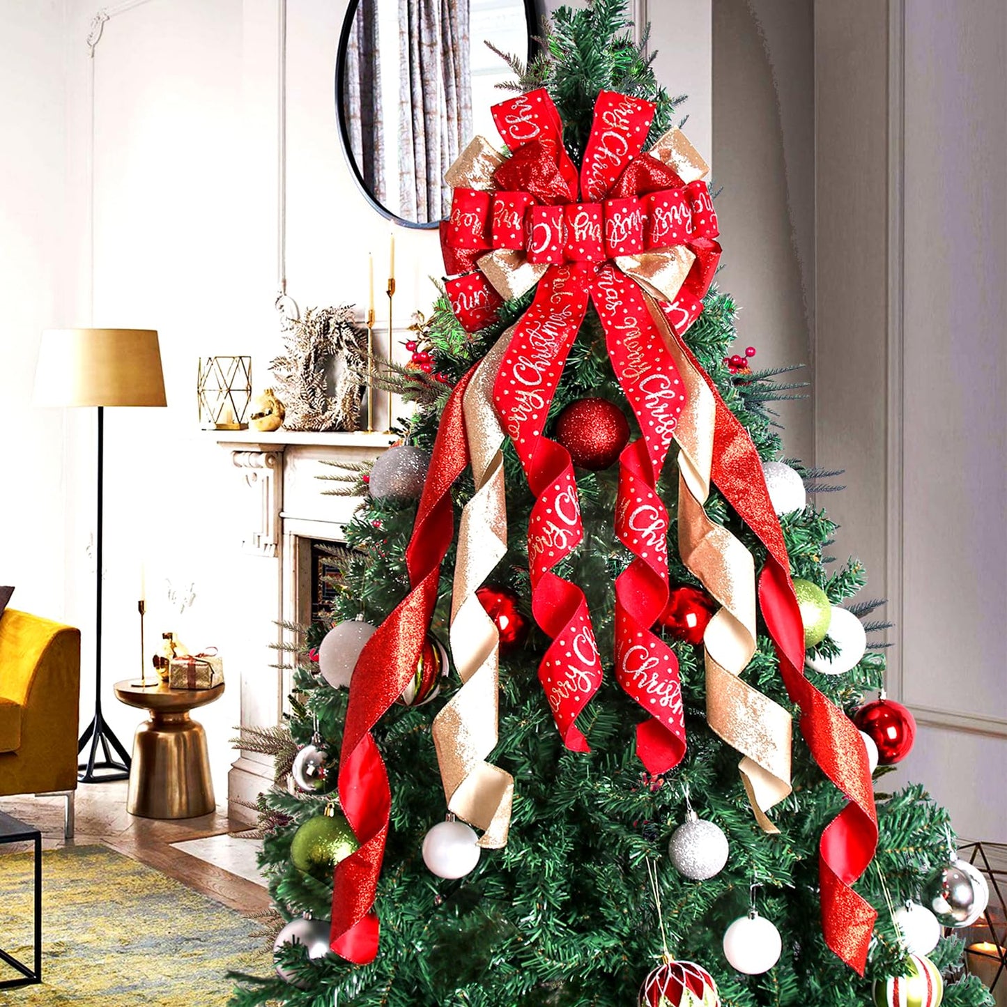 Christmas Tree Topper Christmas Wreath Bow 45"x12" Large Christmas Toppers Bow with Letter Patterned for Xmas Tree Rustic Farmhouse Home Holiday Party Decorations Red