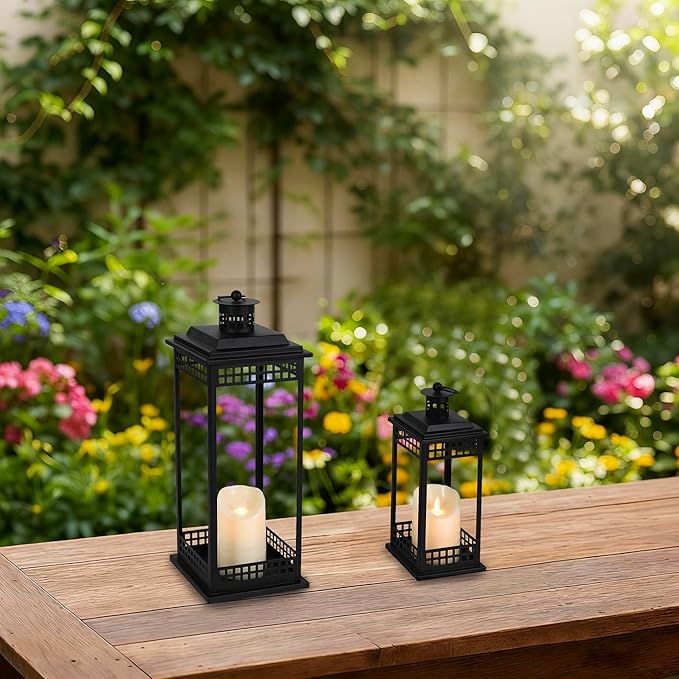 Vintage Lanterns Decorative Indoor, 17'' 11'' Set of 2 Black Candle Lantern Decor, Lanterns Decorative for Retro Living Room, Mantel, Patio, Porch, Garden, Balcony, Wedding Tabletop Lantern
