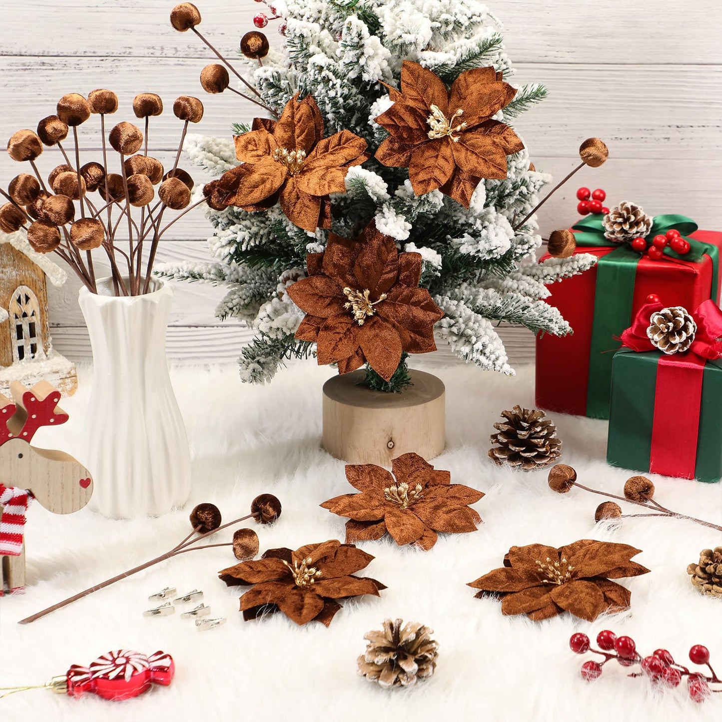Hungdao 18 Pcs Velvet Christmas Tree Ornament Set Artificial Christmas Poinsettia Flower with Clips and Tree Picks Neutra Holiday Ornaments for Xmas Wreath Fireplace Stairs Decor(Brown)