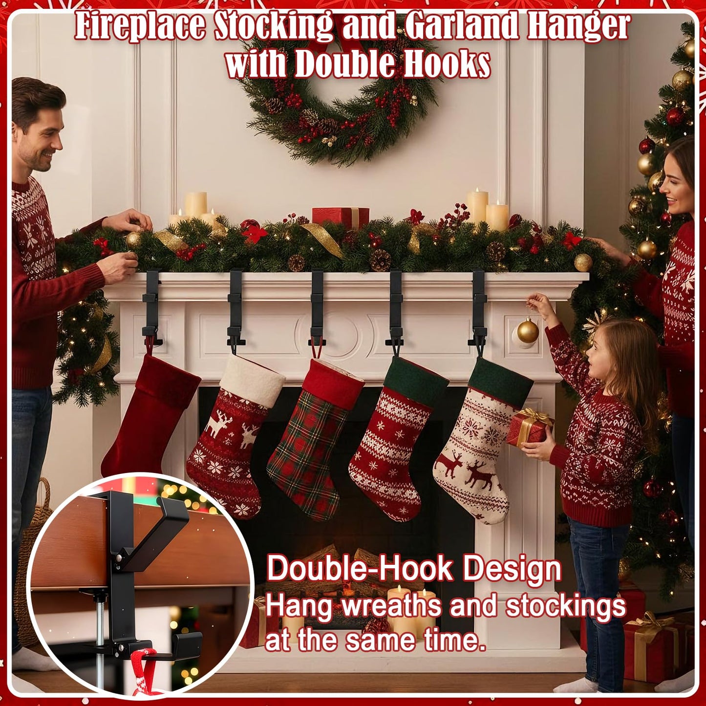 TGLIFEVER Christmas Garland and Stocking Hangers for Mantle, Adjustable 2 in 1 Mantel Stocking Holders with Foldable Double Hooks, Heavy Duty No Drill Fireplace Garland Hooks for Xmas Home Decoration