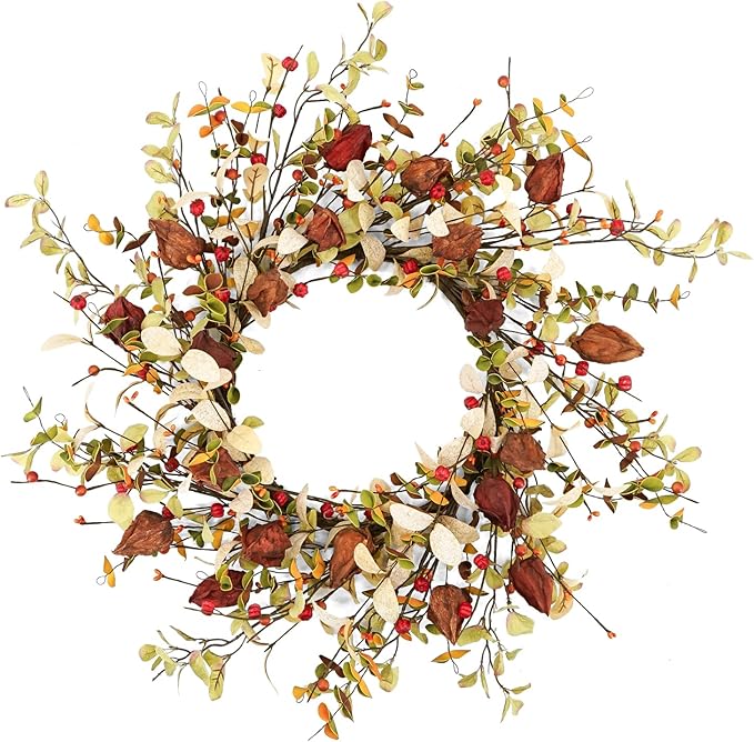 YNYLCHMX 18" Fall Wreaths for Front Door, Artificial Autumn Wreath, Fall Wreath with Eucalyptus Leaves and Berries for Home Porch Window Wall Farmhouse Decor, Indoor Outdoor, Holiday Decor