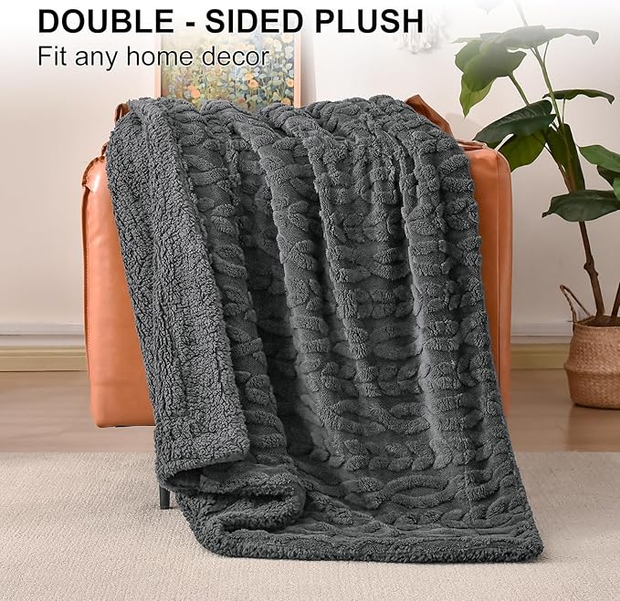 PHF Fluffy Sherpa Blanket King Size for Winter, Warm and Soft, 510GSM 3D Jacquard Thick Shaggy Fleece Plush Blanket for Sofa Bed, Dark Grey, 108"x90"