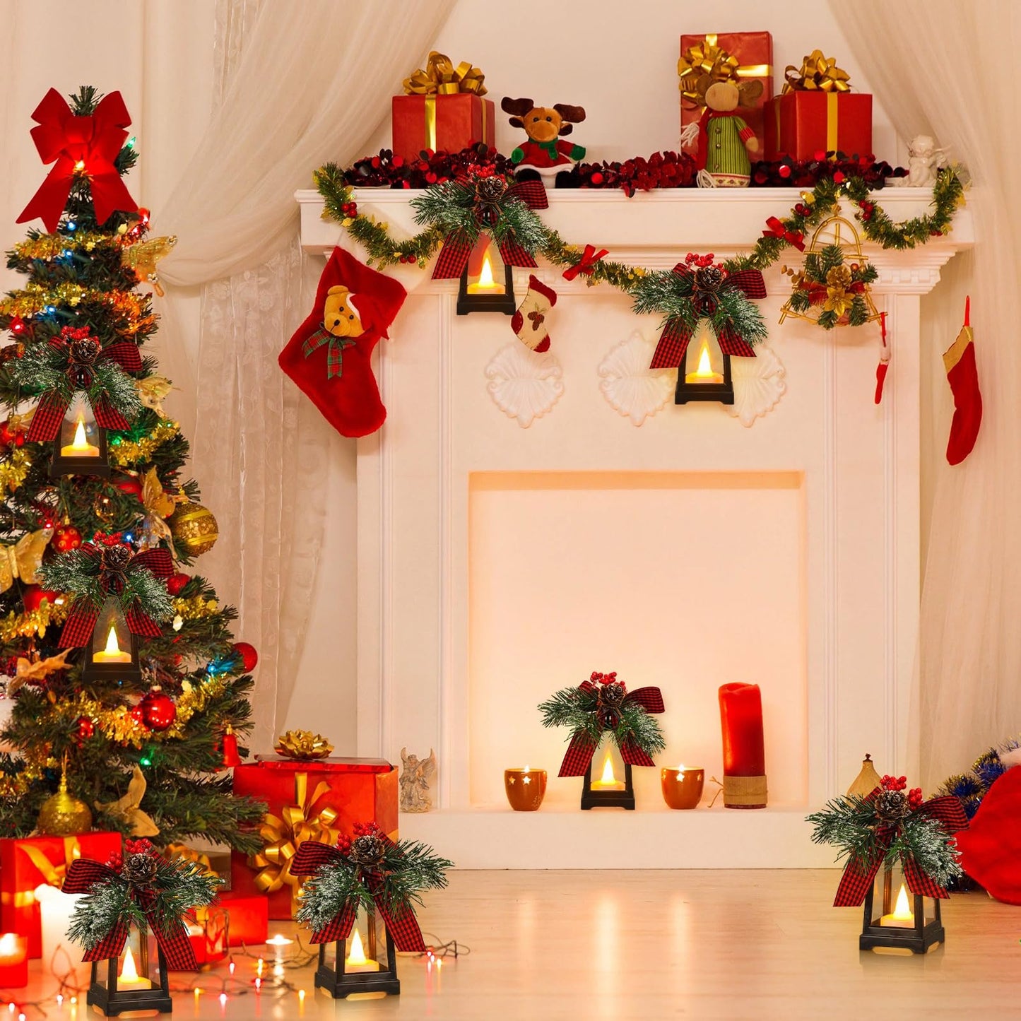 Set of 6 Christmas Mini Decorative Lanterns with Flickering LED Flameless Candle Hanging Lantern Decoration Bulk with Buffalo Plaid Bow Battery Included for Xmas Party (Red Plaid Bow)