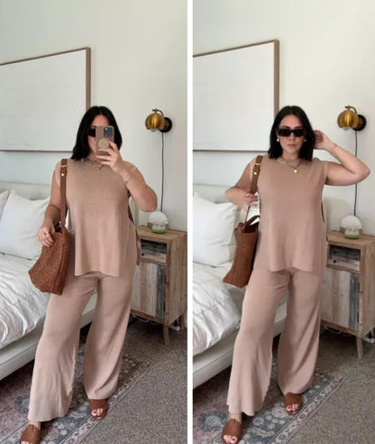 Lviefent Womens 2 Piece Outfits Sweater Set Sleeveless Side Slit Pullover Top Knit Wide Leg Pants Lounge Matching Sets (Khaki-M)