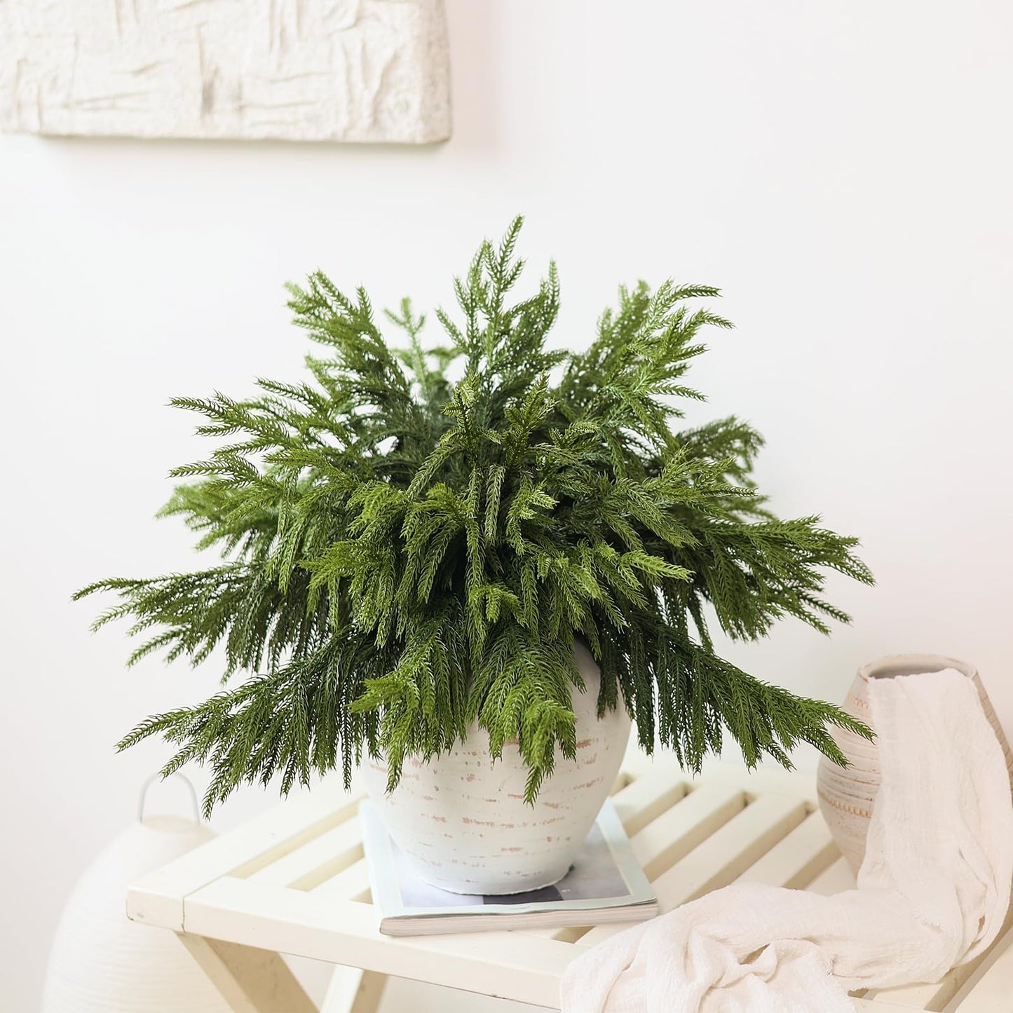Juxdp 20 Pcs Soft Textured Norfolk Pine Branches, Artificial Christmas Green Plants Branch Faux Greenery Stem Fake Pine Picks for Vase DIY Crafts Garland Wreath Xmas Indoor Outdoor Decor(18 Inches)