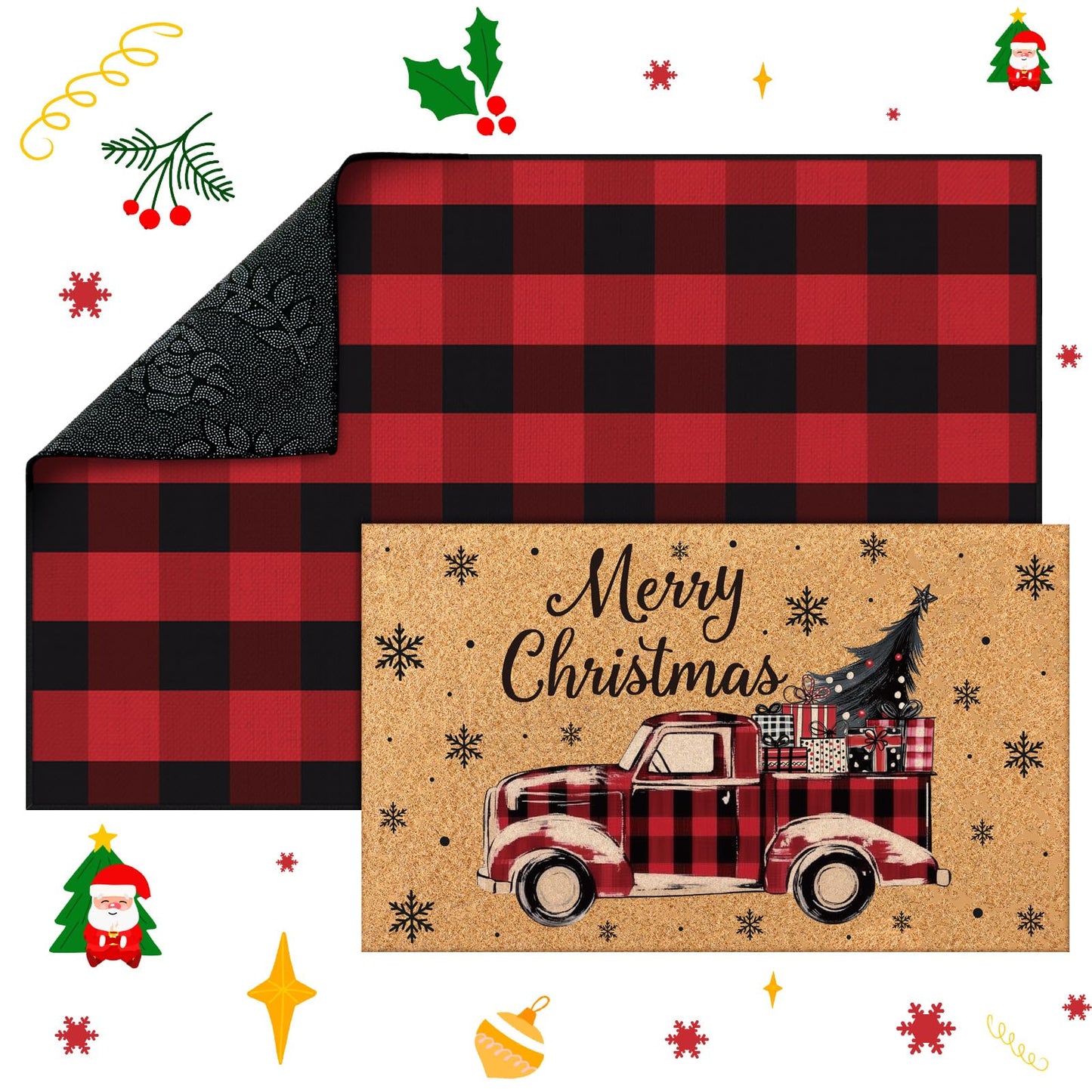 Fourluoo 2 Pcs Christmas Front Porch Rug Buffalo Plaid Christmas Door Mat Imitation Coco Coir Red Truck Xmas Welcome Layering Rug for Outdoor Winter Home Festival Holiday Decor, 28 x 43 Inch