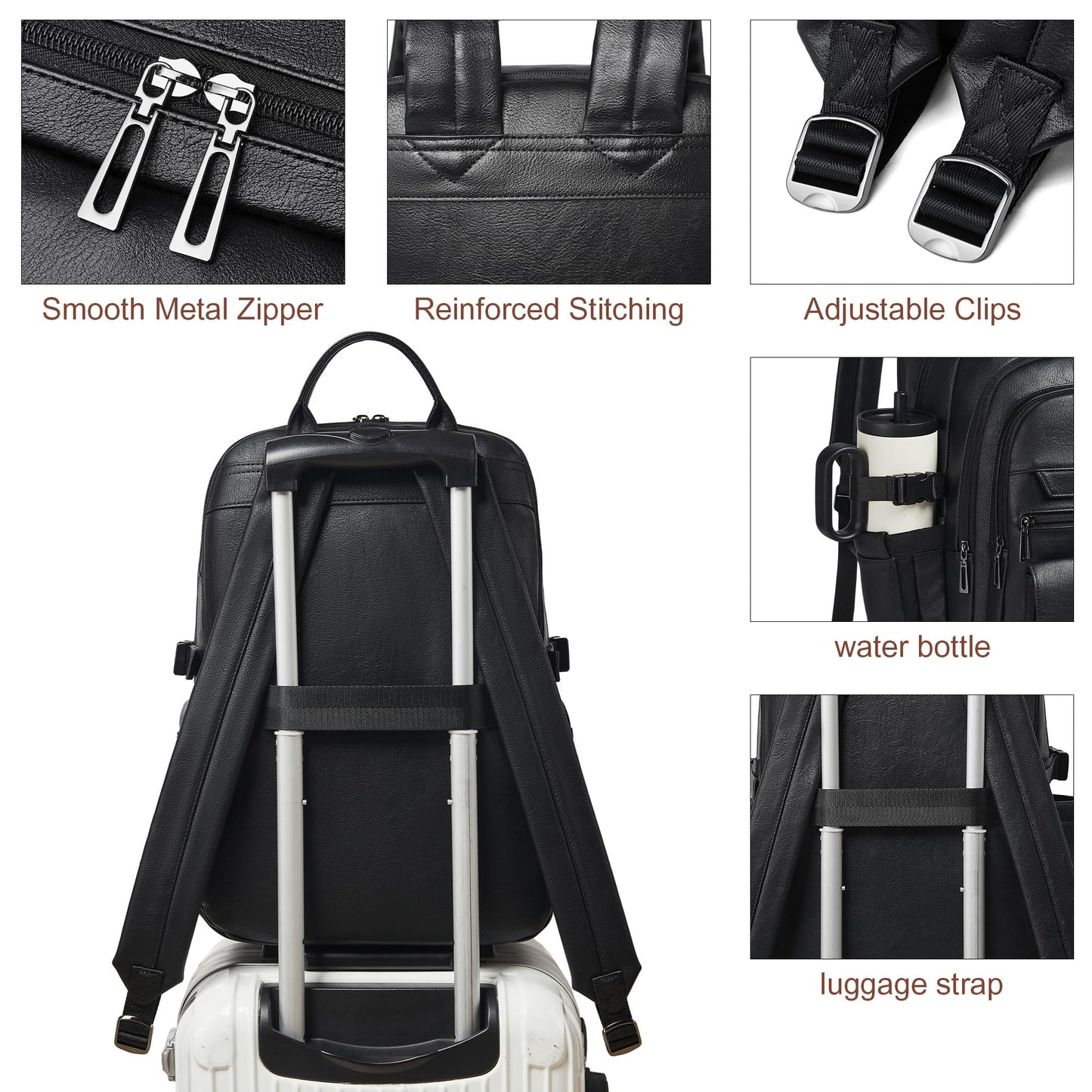 tiamyi Vegan Leather Backpack, TSA Travel Backpack for Men and Women, Fits 17.0 Inch Notebook with Luggage Strap and USB Port, Black