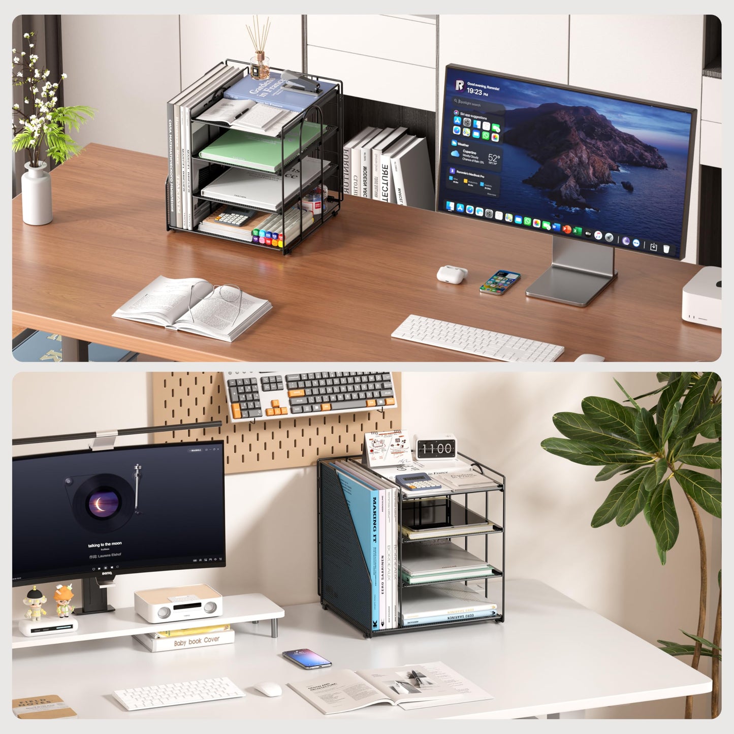 Becomrock Desk Organizer, 4-Tier Metal File Organizer for Desk with Vertical File Holder, Office Accessories and Desktop Storage for Office Supplies (Black)