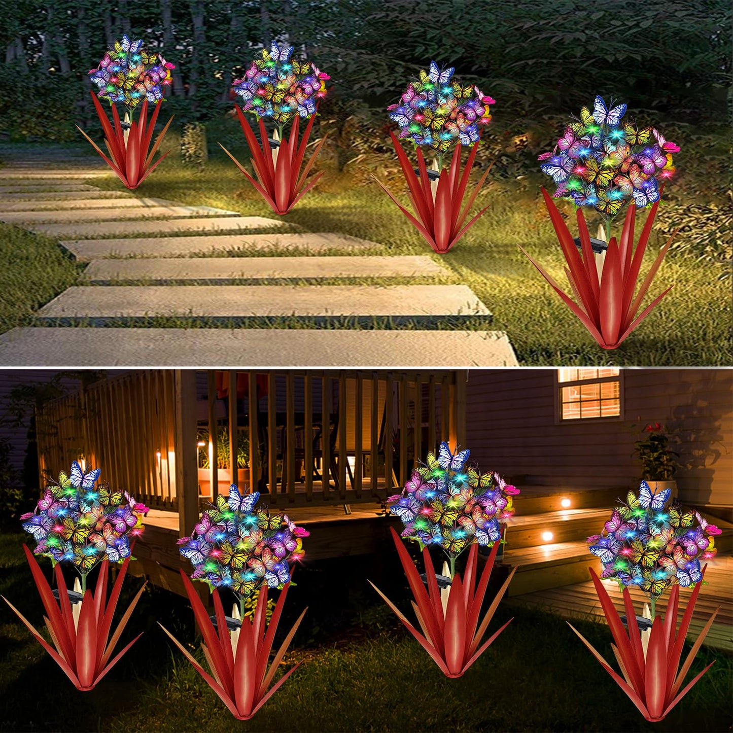 Homight Solar Metal Agave Butterfly Flower Stick Garden Sculpture - Outdoor Christmas Lights, Swaying Solar Lights Gift (2 PCS RED)